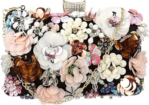 Bolso de mano de noche floral para mujer - Bolso de flores coloridas con diamantes de imitación de metal
