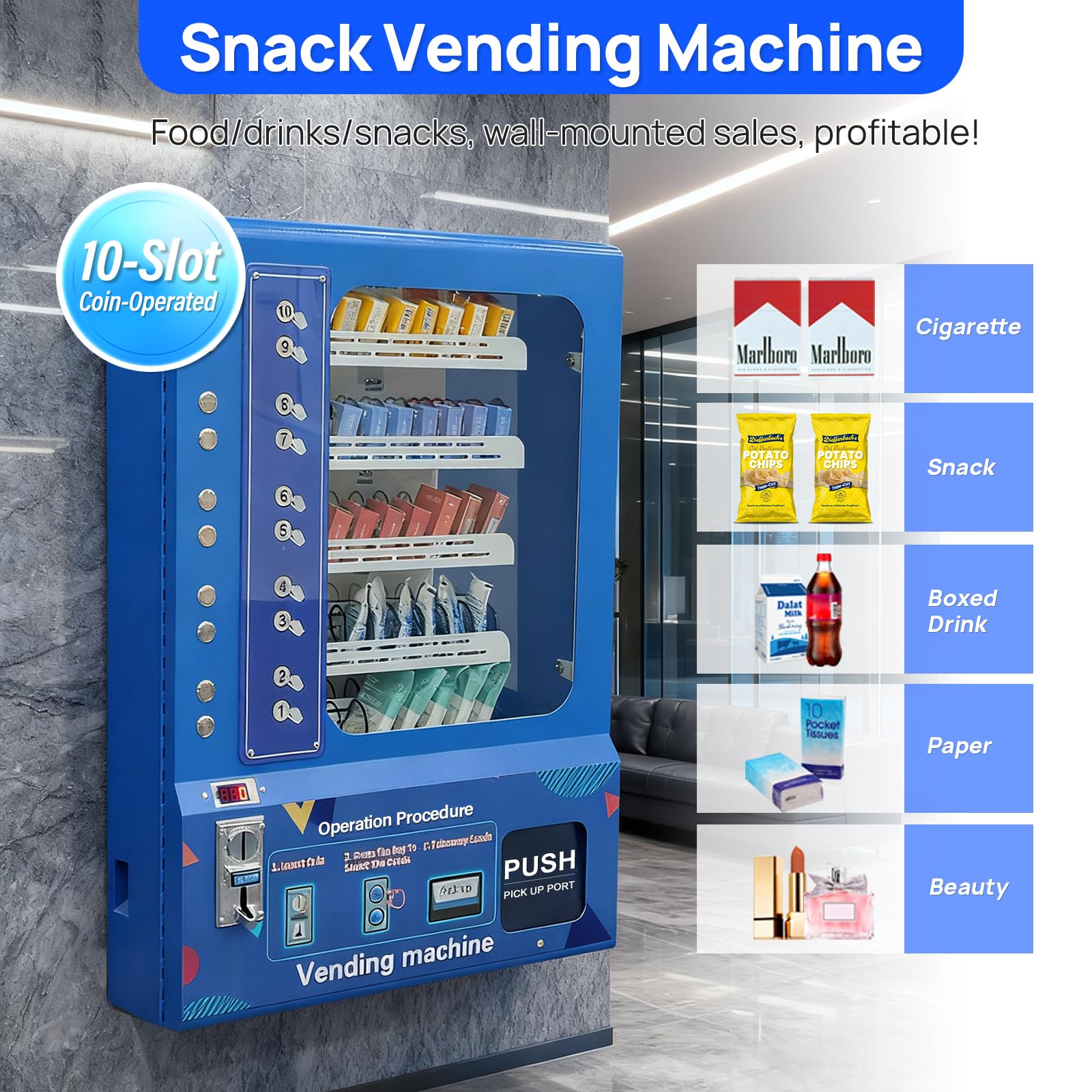 Distributore di Snack a 10 Scomparti per Pubblicità Mini da Parete – Alimenti e Snack, Pagamento con Monete