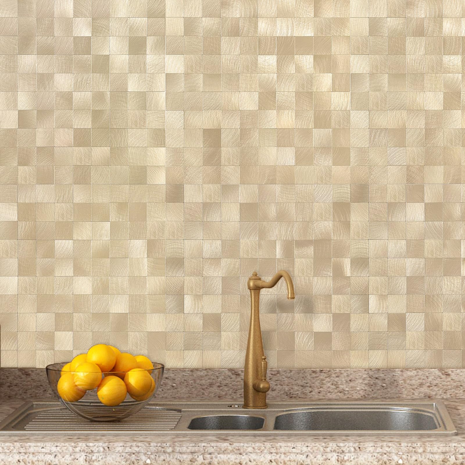 VAOVI 3D Self-Adhesive Wall Tile Stickers for Kitchen Splashbacks,Splash Back Sticky Tiles Metallic Tiles Mosaic Tiles Bathroom Square(10sheets,Champagne Gold)