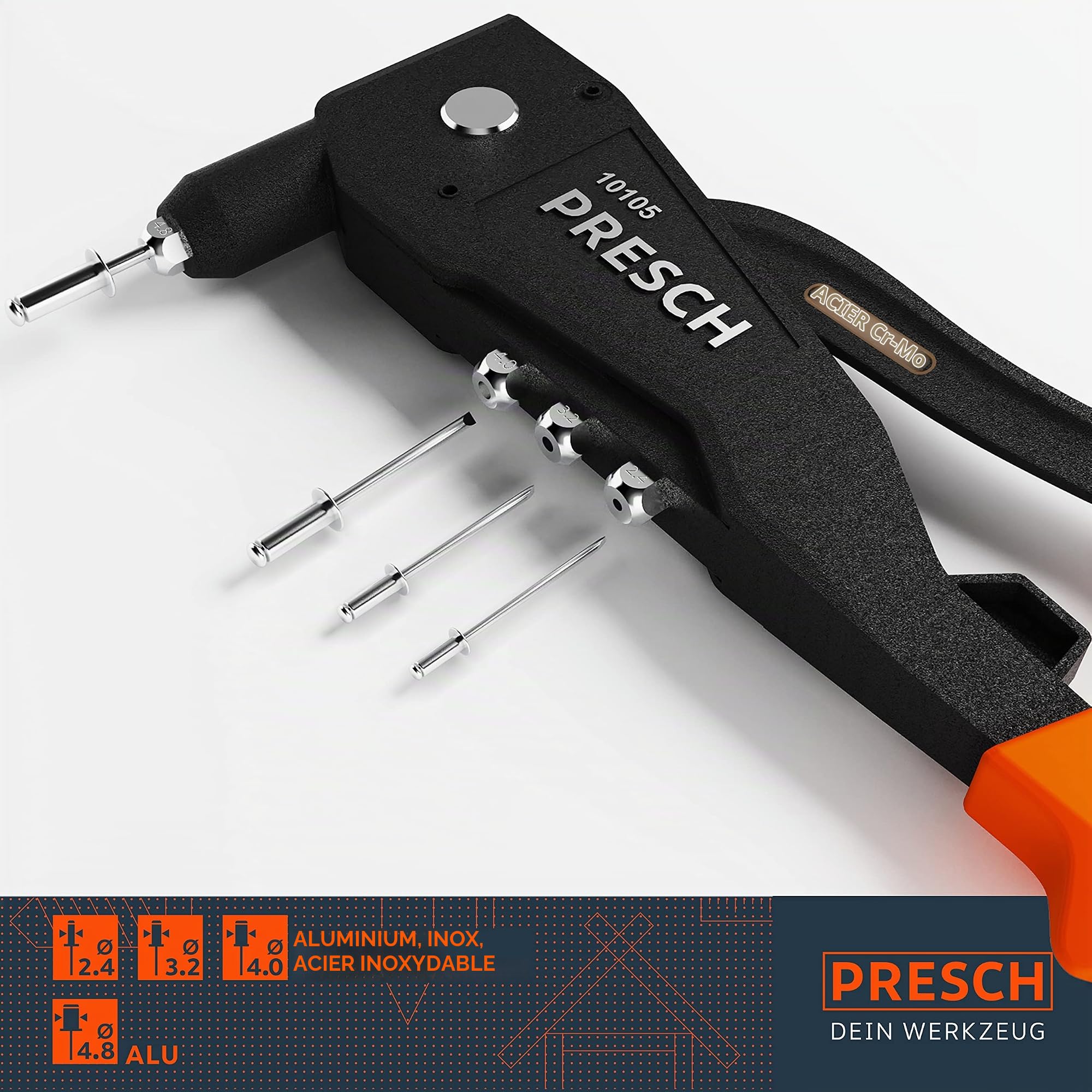 Presch Pince à rivet pour rivets aveugles - 79 pièces en coffret - Avec 75 rivets, forets HSS adaptés et clé de montage avec outil de calibrage - Pince a riveter manuelle