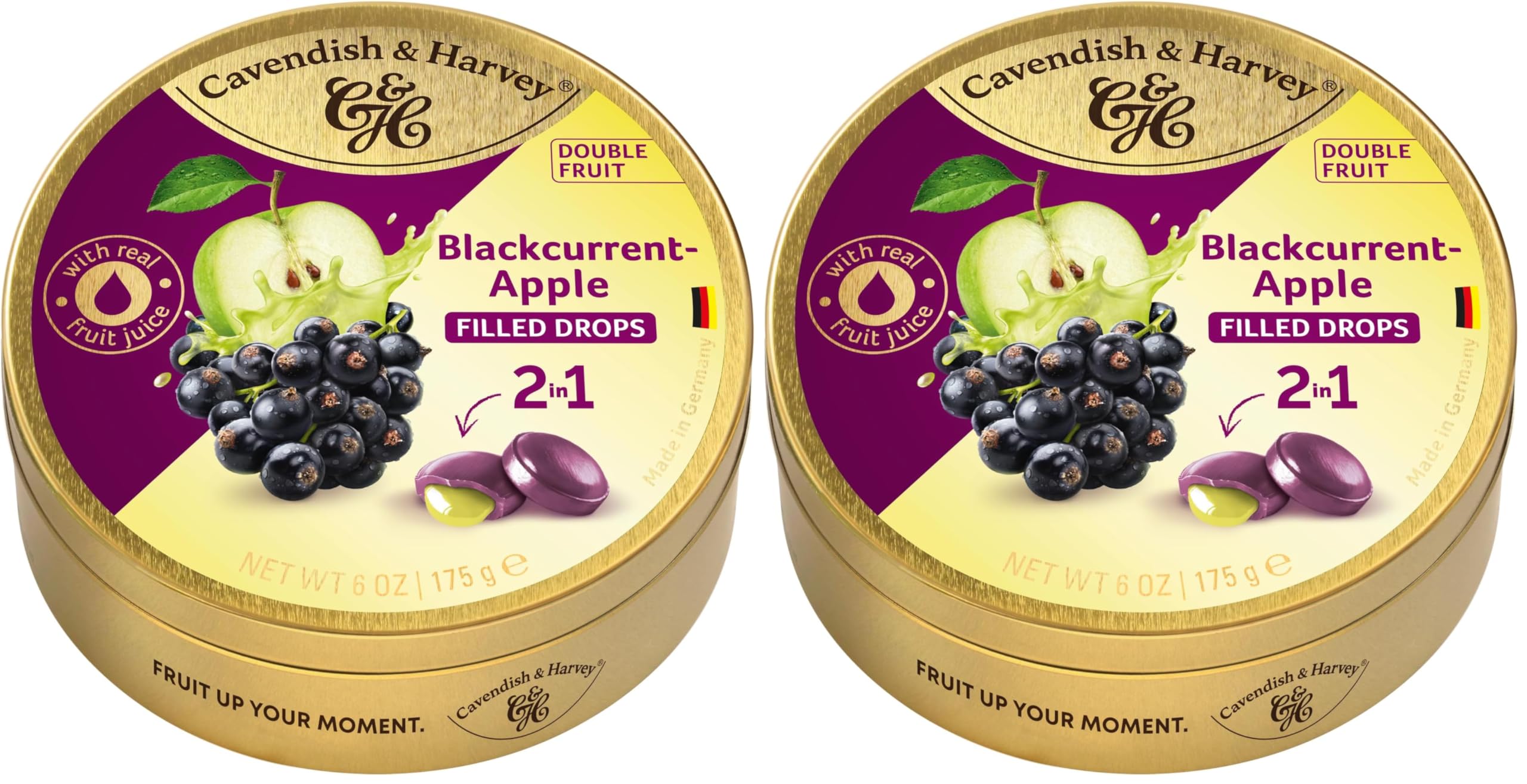 Cavendish & Harvey Double Fruit Drops Blackcurrant Apple 175g Dose | Schwarze Johannisbeere mit Apfelfüllung | Gefüllte Fruchtbonbons | Vegan, Halal, Koscher | 1 x 175g (Packung mit 2)