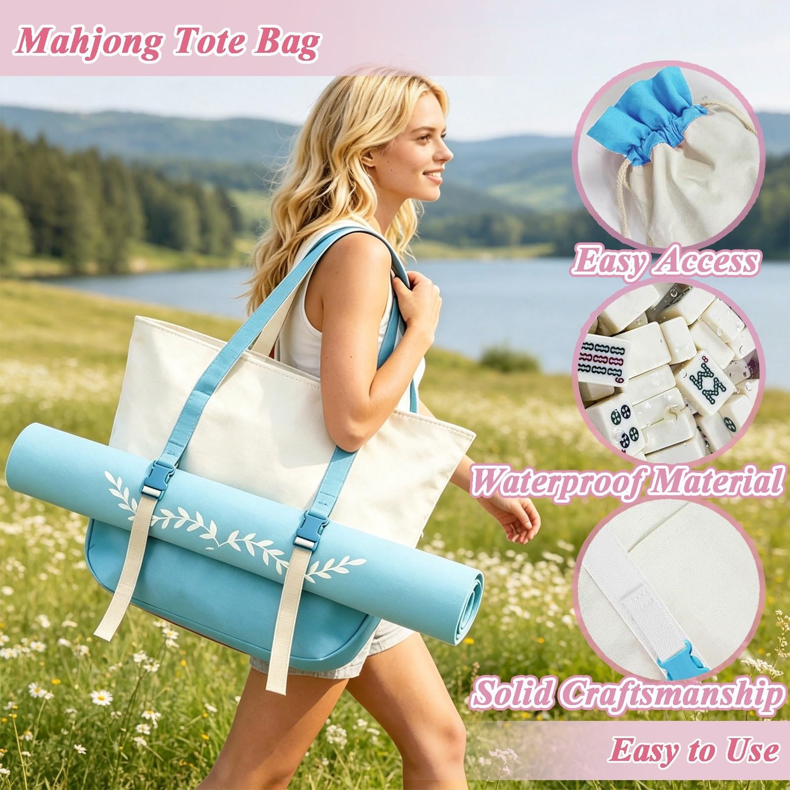 3 Stk Mahjong Tasche Set Canvas Tragetasche Spielsteine Matte