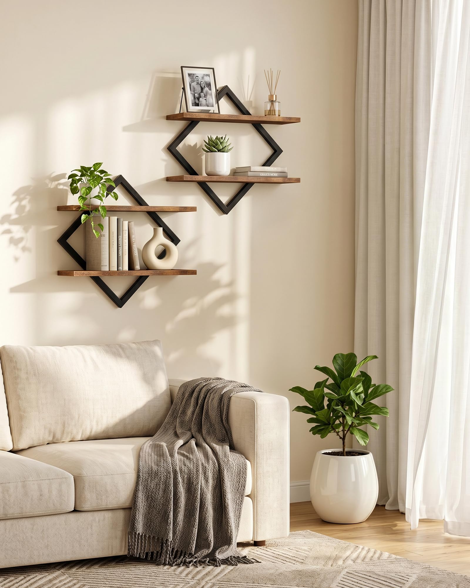 CHOEZON Étagère flottantes, Lot de 2, Étagères murales à 2 Niveaux, Rangements Suspendus avec Cadre métallique losangé, pour Salon, Chambre, Cuisine, Bureau, Marron Rustique et Noir DTBJ01P2BF