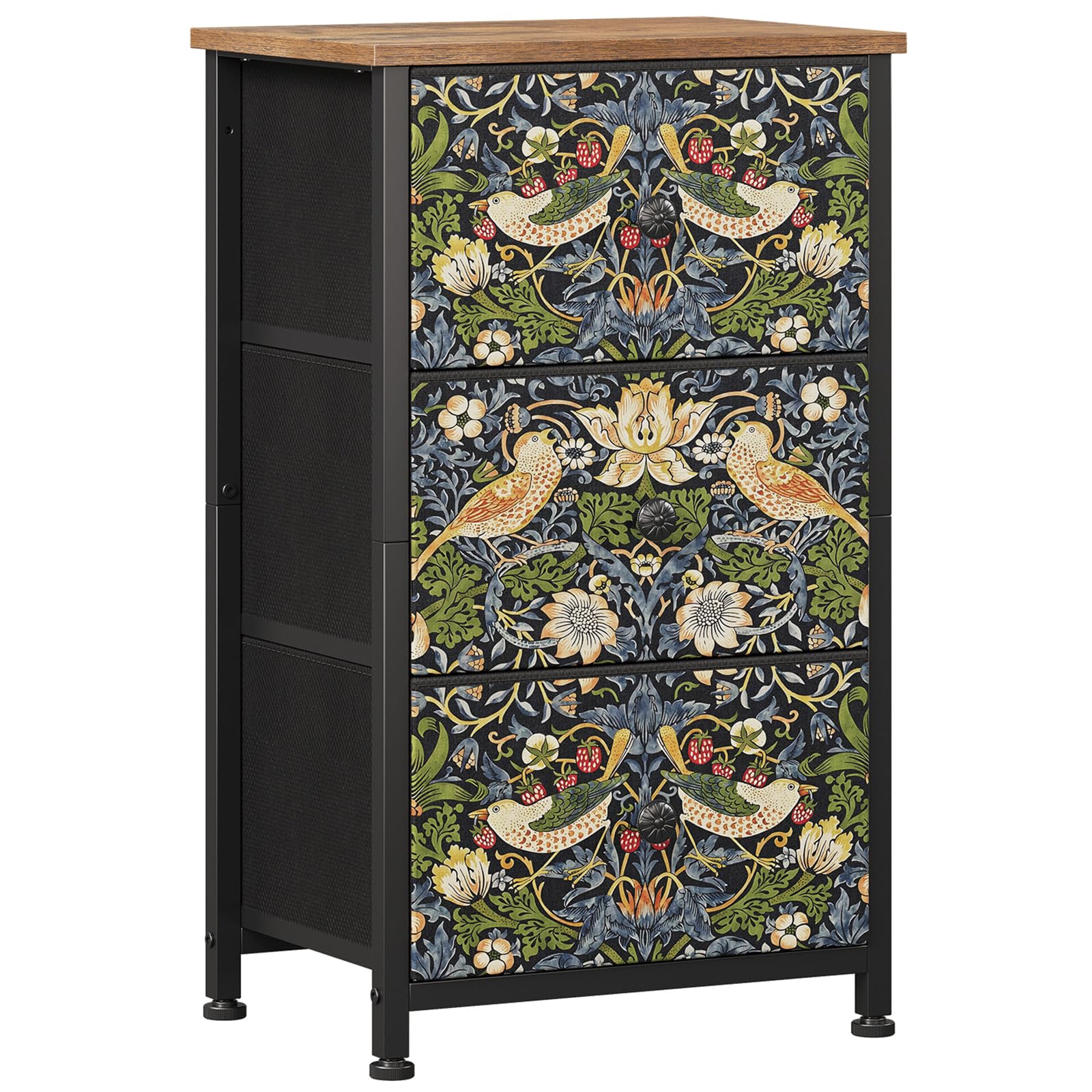 Cómoda con cajones de tela, cómoda de tela con 3 cajones de tela, armario de almacenamiento para dormitorio, sala de estar y pasillo, patrón decorativo de fresas y pájaros, estructura de