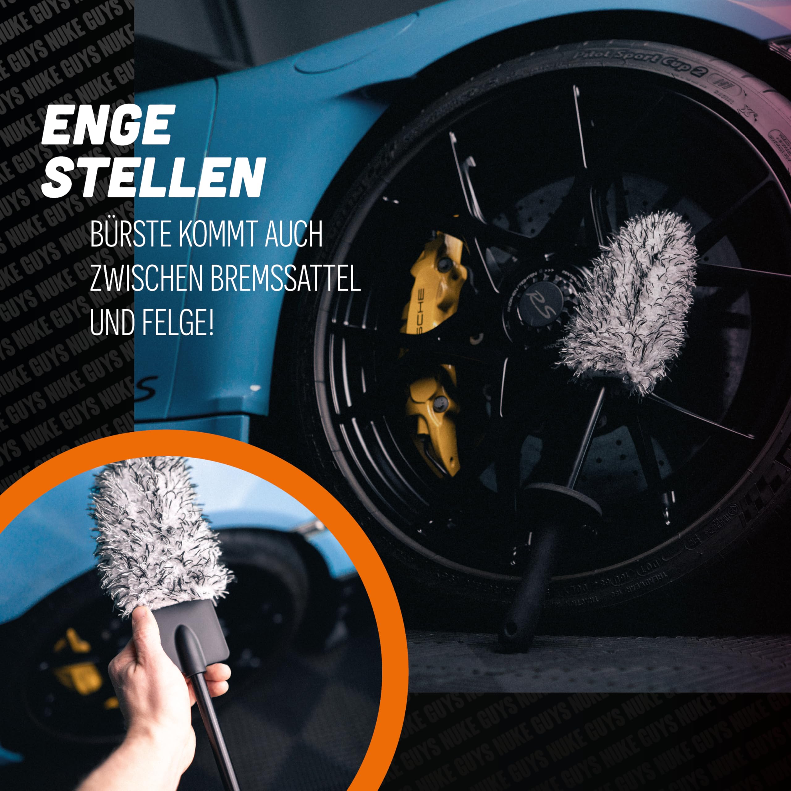 Nuke Guys Felgen Reinigungsset | Felgenreiniger 1l mit Wirkindikator + Mikrofaser Felgenbürste + Ersatzbezug + Felgenpinsel + Felgenhandschuh + Trockentuch | Auto Felgen Reinigung Set