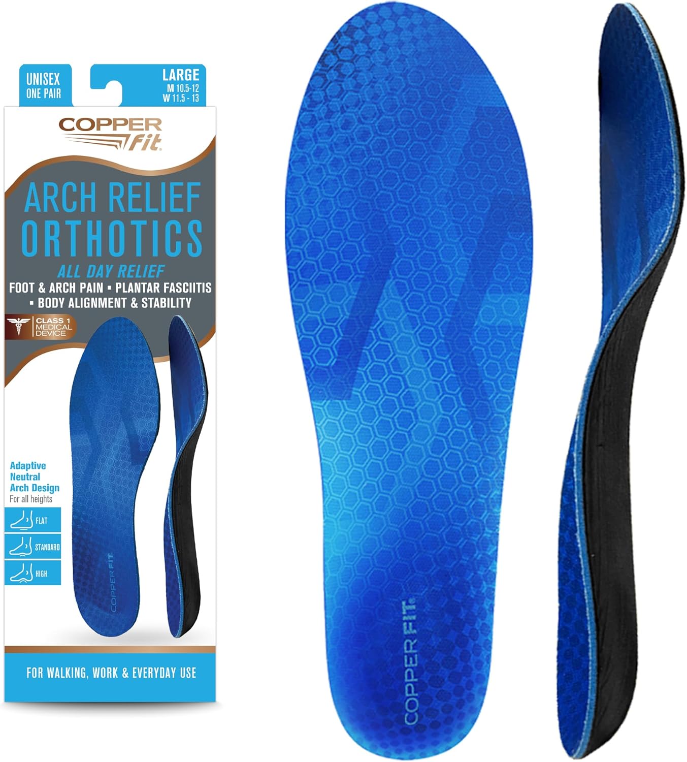 Copper Fit Arch Relief Orthotics – Plantar Fasciitis, Flat Feet – Adaptive, Comfortable Arch Support – Low to High Arches – Absorb Shock – Insoles for Men and Women