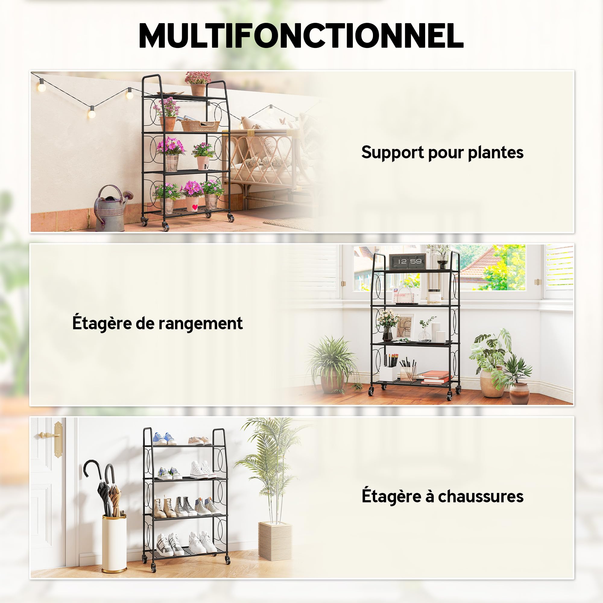 Outsunny Étagère à Fleurs Extérieur 4 Niveaux Roues 67x29x114 cm Noir | Intérieur, Support de Plantes, Étagère à Plantes, Jardin, Balcon, Salon