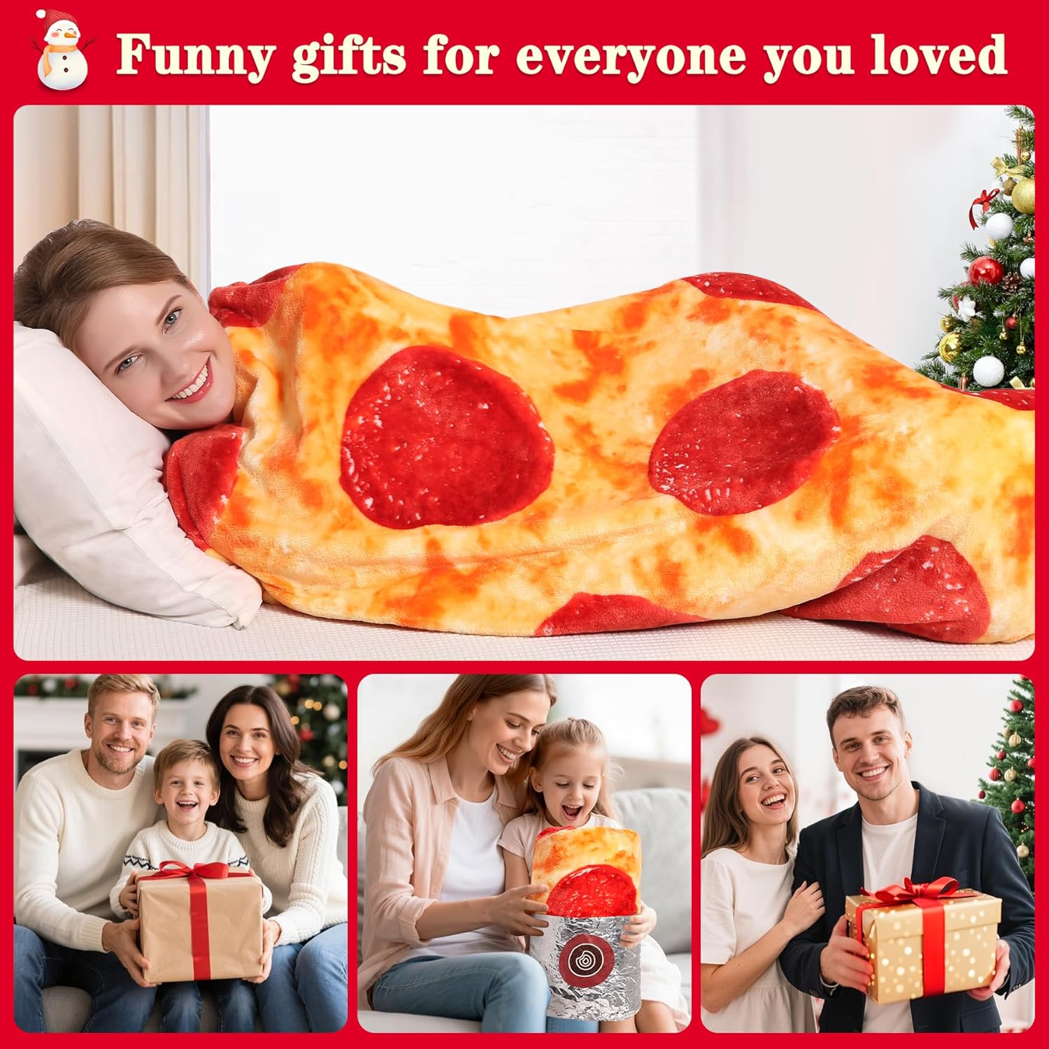 mermaker Pepperoni Pizzas Blanket 71 inches for Adult Kids, Realistic Pizzas Throw Blanket Funny Gifts for Women Men Teen Boy Girl, 285 GSM Soft Flannel Food Blanket for Christmas Birthday Gifts-Red - Image 3