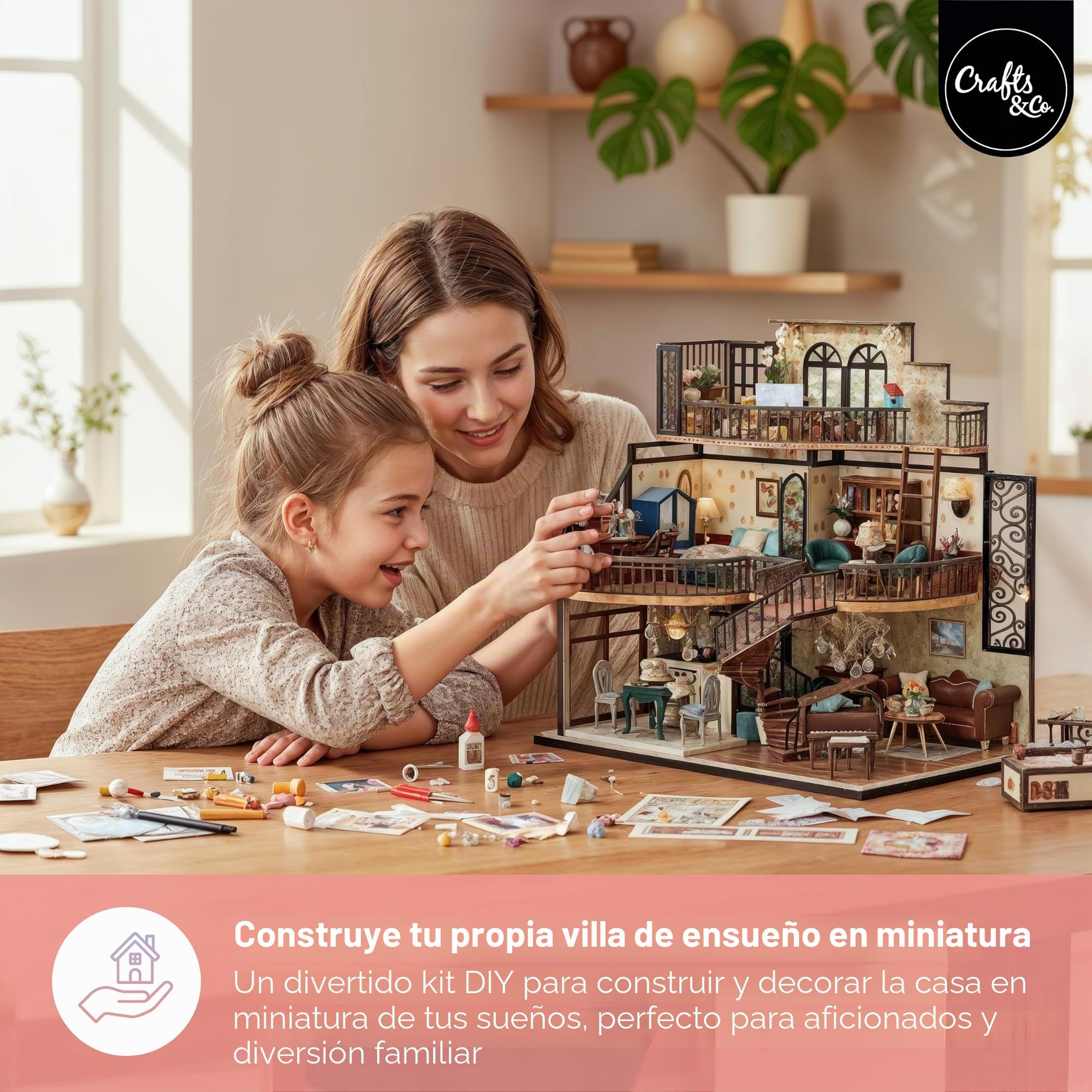 Crafts&Co® DIY Casa en Miniatura con Muebles | Adulto DIY Casa de Muñecas | Modelo de Casa de Madera con Luz | 1:18 | Villa de Ensueño