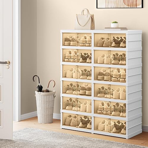 Miniatura 3 de YITAHOME Caja de almacenamiento de zapatos de 6 niveles y 24 pares, organizador de zapatos plegable con puertas magnéticas, zapateros plegables para