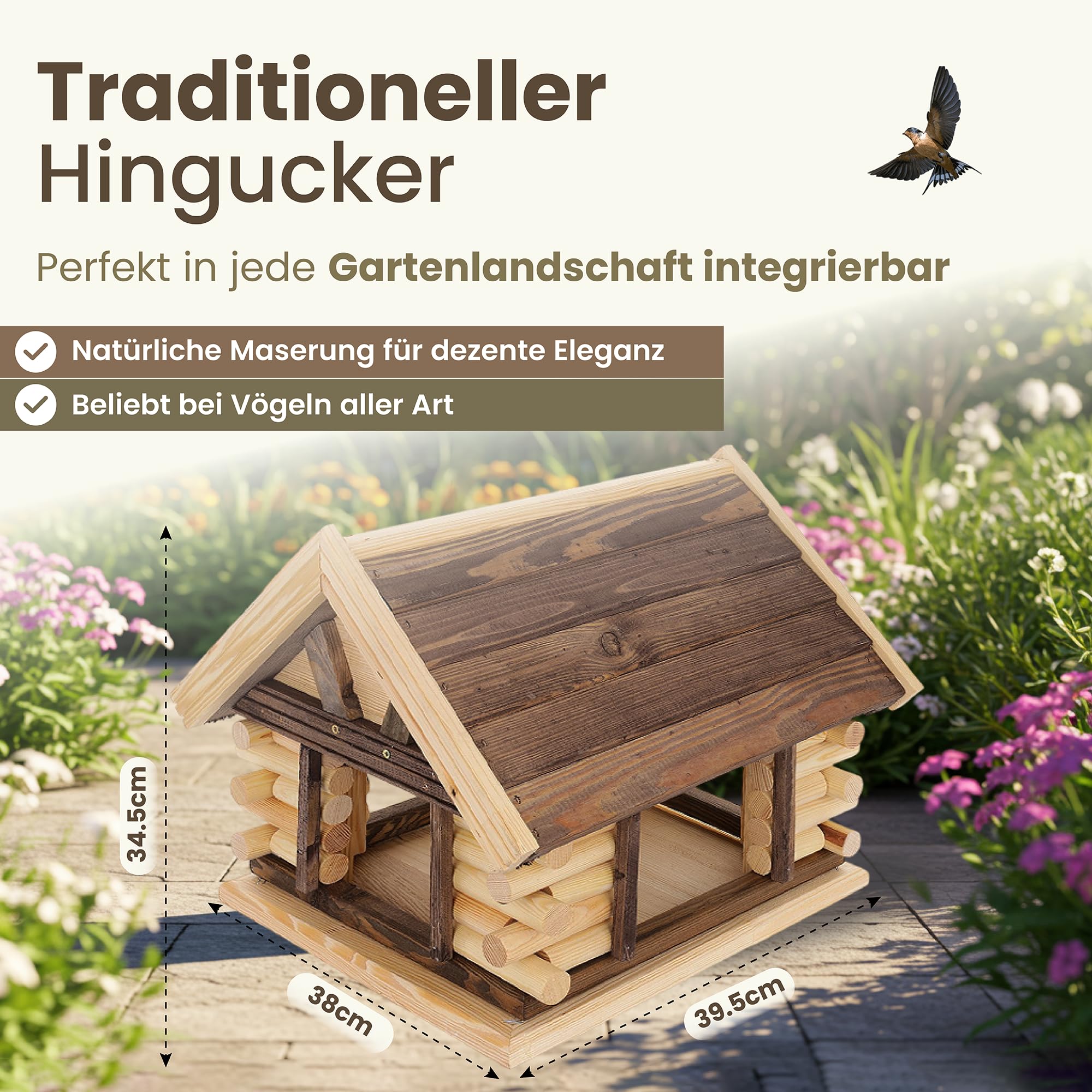 Mazur Vogelfutterhaus groß XXL 39,5x38x34,5cm I Vogelfutterspender aus Holz stehend I Futterstation für Vögel I Vogelfutterhaus zum bemalen für Kinder