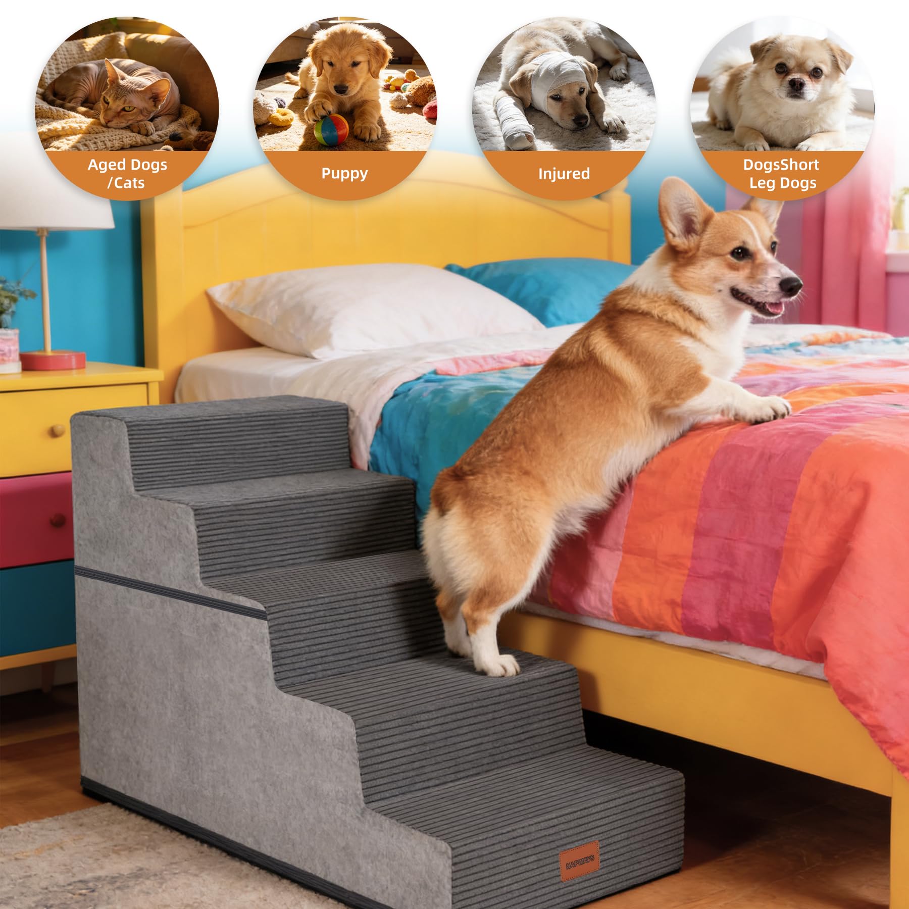 Escalera para perros pequeños 57 cm H, 5 escalones para mascotas de cama alta, entrada equilibrada antideslizante para mascotas para gatos medianos, escalera para perros interiores, color gris
