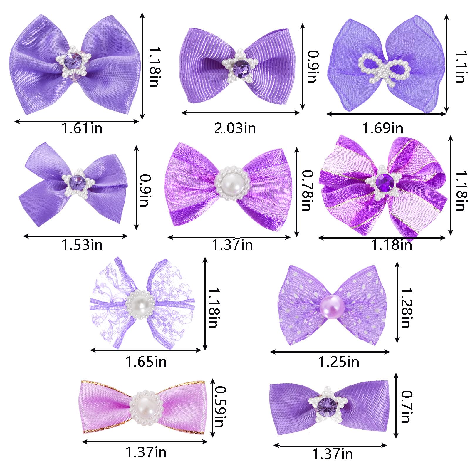 20 PCS Cute Dog Hair Bows with Rubber Bands Elastic Handmade Mix Style Lace Rhinestone Pearls for Furry Puppy Cat Pet Girl, Purple