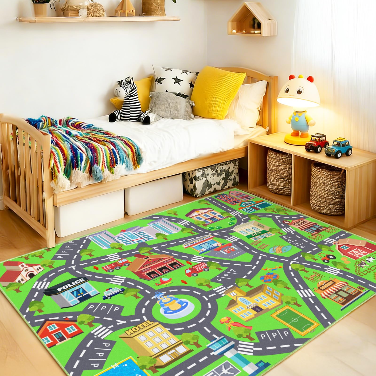 Rezutan City Road Car Play Mat for Kids, Washable Kids Rug for Playroom Bedroom, Traffic Road Map Carpet Non-Slip Car Play Mats for Children Boys Girls Learning Area Rug, 120x160CM