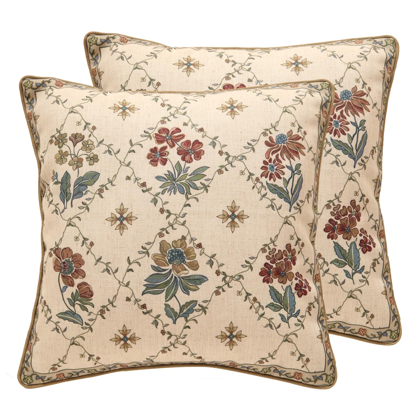 patdrea Designer Throw Pillow Covers Set of 2,Square Euro Retro Style Light Brown Linen with Floral Pattern Pillow Cover,Decorative Pillowcases