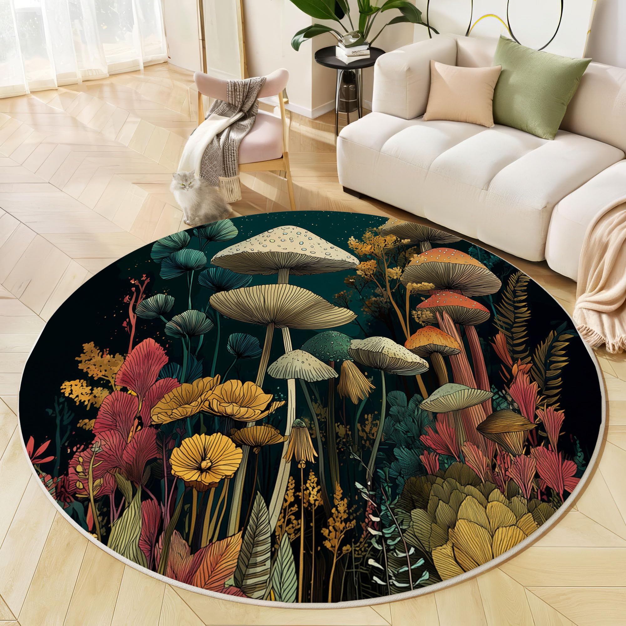 Tapis rond salon lavable moquette de sol antidérapant brun illustrations de forêt 200cm