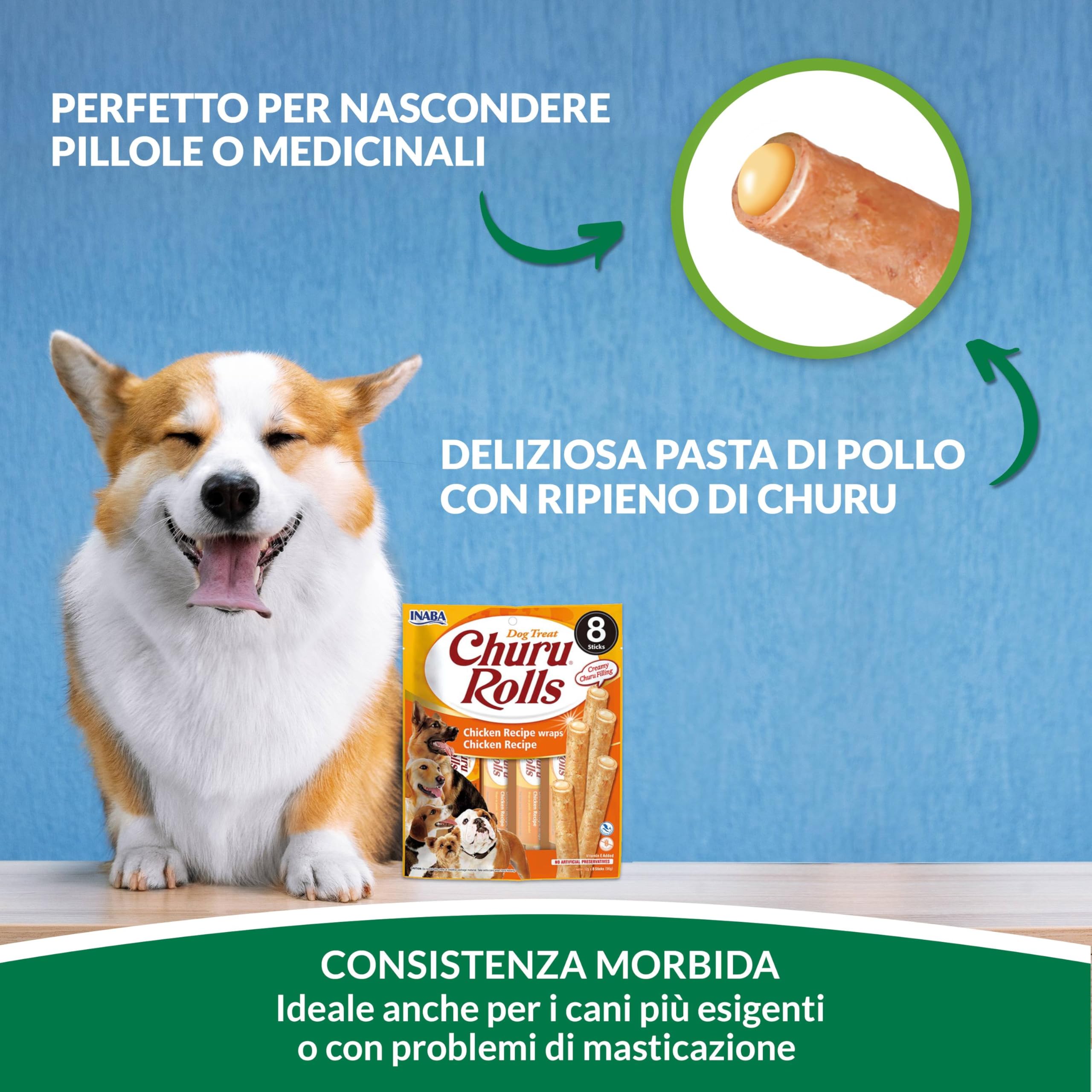 INABA Churu Rolls Snack per Cani, Bastoncini di Pollo con Cuore di Pollo - 8 Pack (64 Stick x 12gr) - Premietti per Cane Morbidi e Deliziosi - Cibo per Cani Senza Conservanti o Coloranti Artificiali