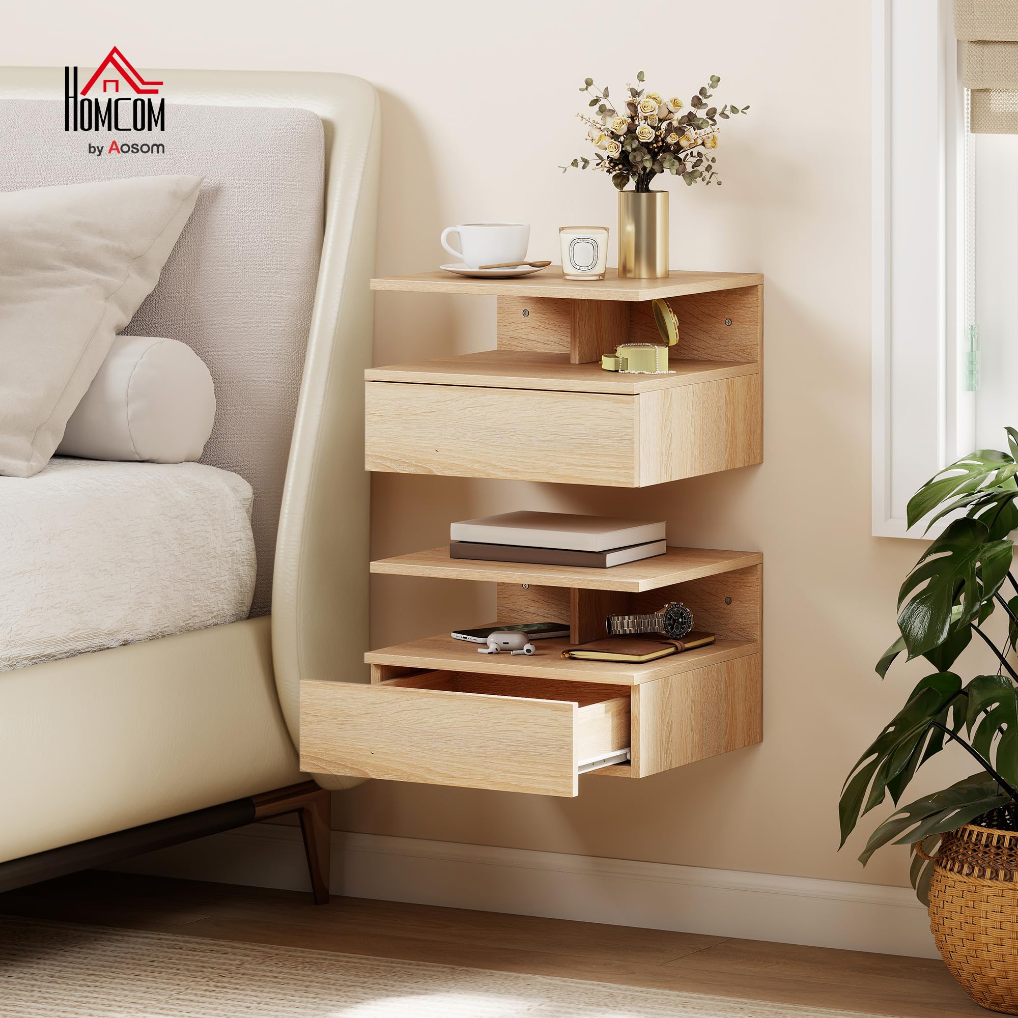 HOMCOM Set Van 2 Nachtkastjes Wandtafel Schuiflade, Nis, Dienblad Hout Afm 37l X 32b 21h Cm Wit 2239144345