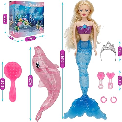 Miniatura 3 de BETTINA Juego de muñeca de princesa sirena, cola de sirena que cambia de color de temperatura, muñeca de vestir de 12 pulgadas y delfín rojo claro