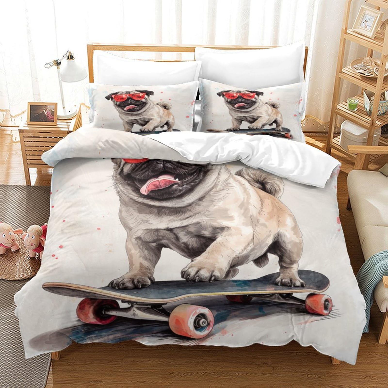 TNFHSOFT Pug Dog Duvet Cover Set 3D Print Comforter Cover Bedding Quilt Cover Set Soft Microfiber Apply to Kids Teens 3-Piece With Zipper Closure Winter Soft Room Decor King（220x240cm）