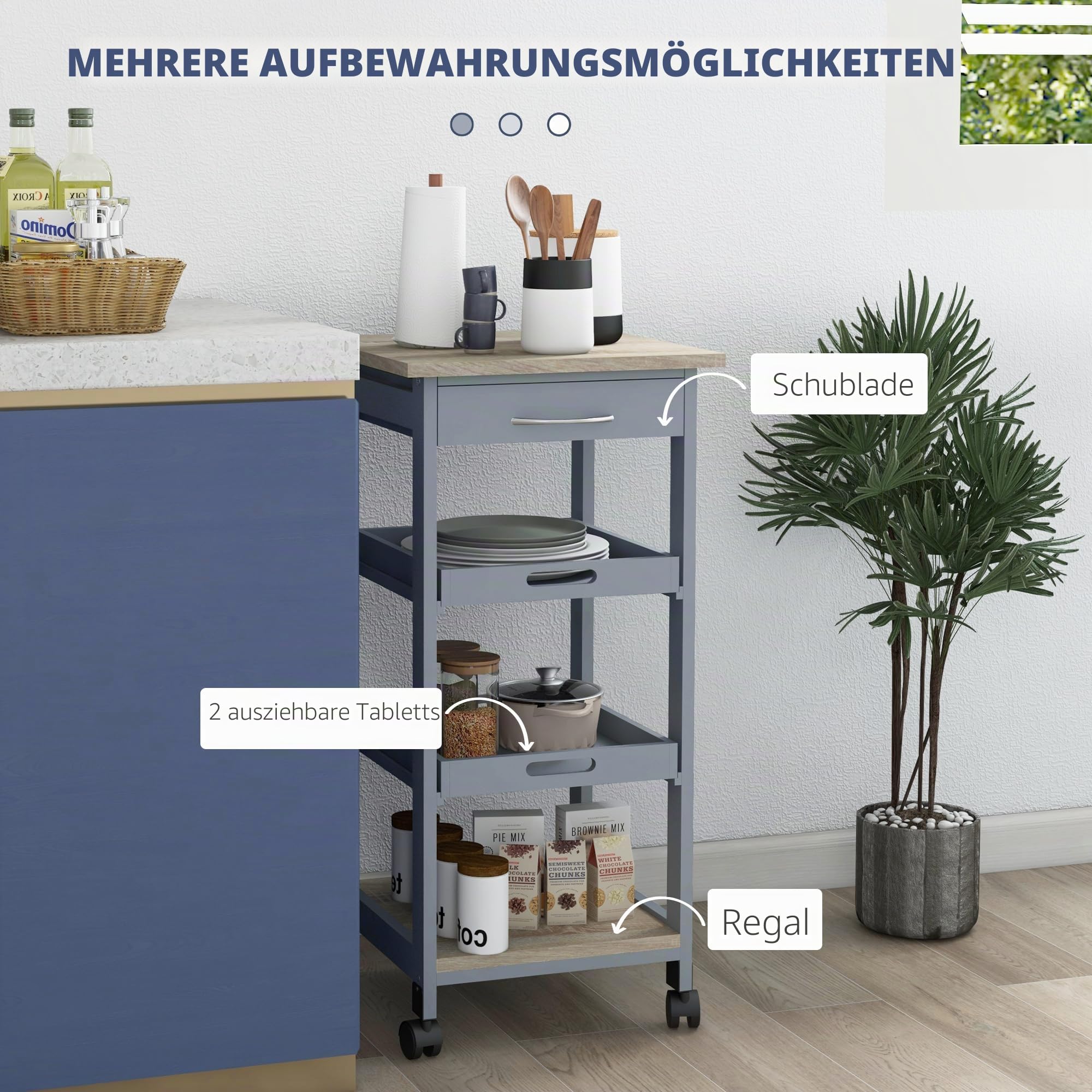 HOMCOM Servierwagen Küchenwagen mit Rollen 2 abnehmbare Tabletts, Schublade, Regal helle Eiche Holz Kiefer grau