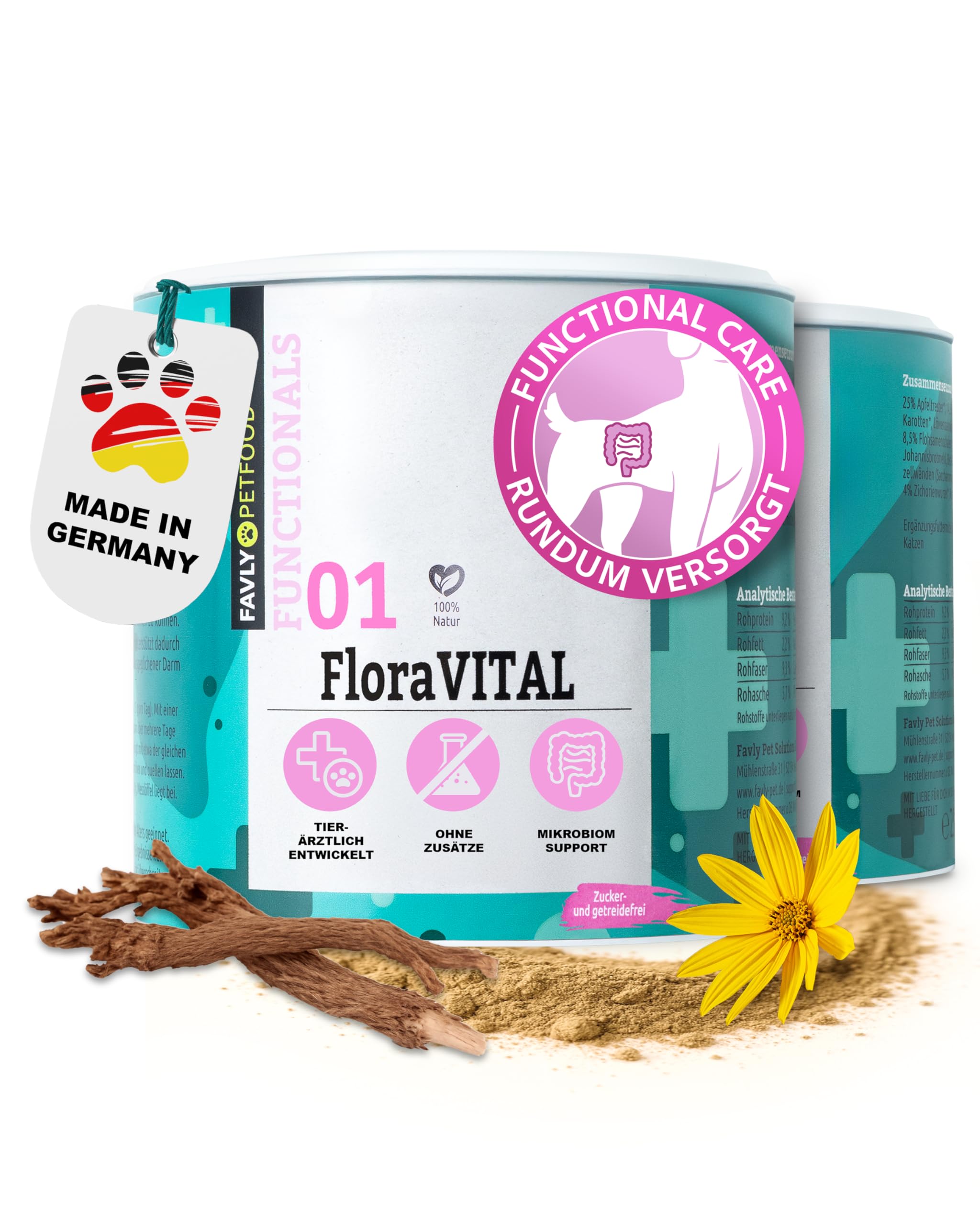 FAVLY – FloraVITAL Darmflora Pulver 2x250g für Hunde & Katzen – Topping zur Unterstützung von Darm, Verdauung & Immunsystem – mit Inulin, Flohsamenschalen & Beta-Glucanen – Ohne Getreide & Zusätze