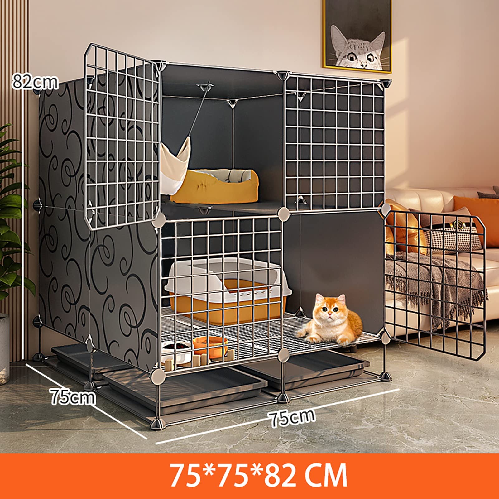 Klatka dla kota DIY do użytku w pomieszczeniach, duży domek dla zwierząt, zdejmowany kociak, szczenięta, królik, ćwiczenia, kryty domek dla kota z toaletą (rozmiar: 75 x 49 x 10