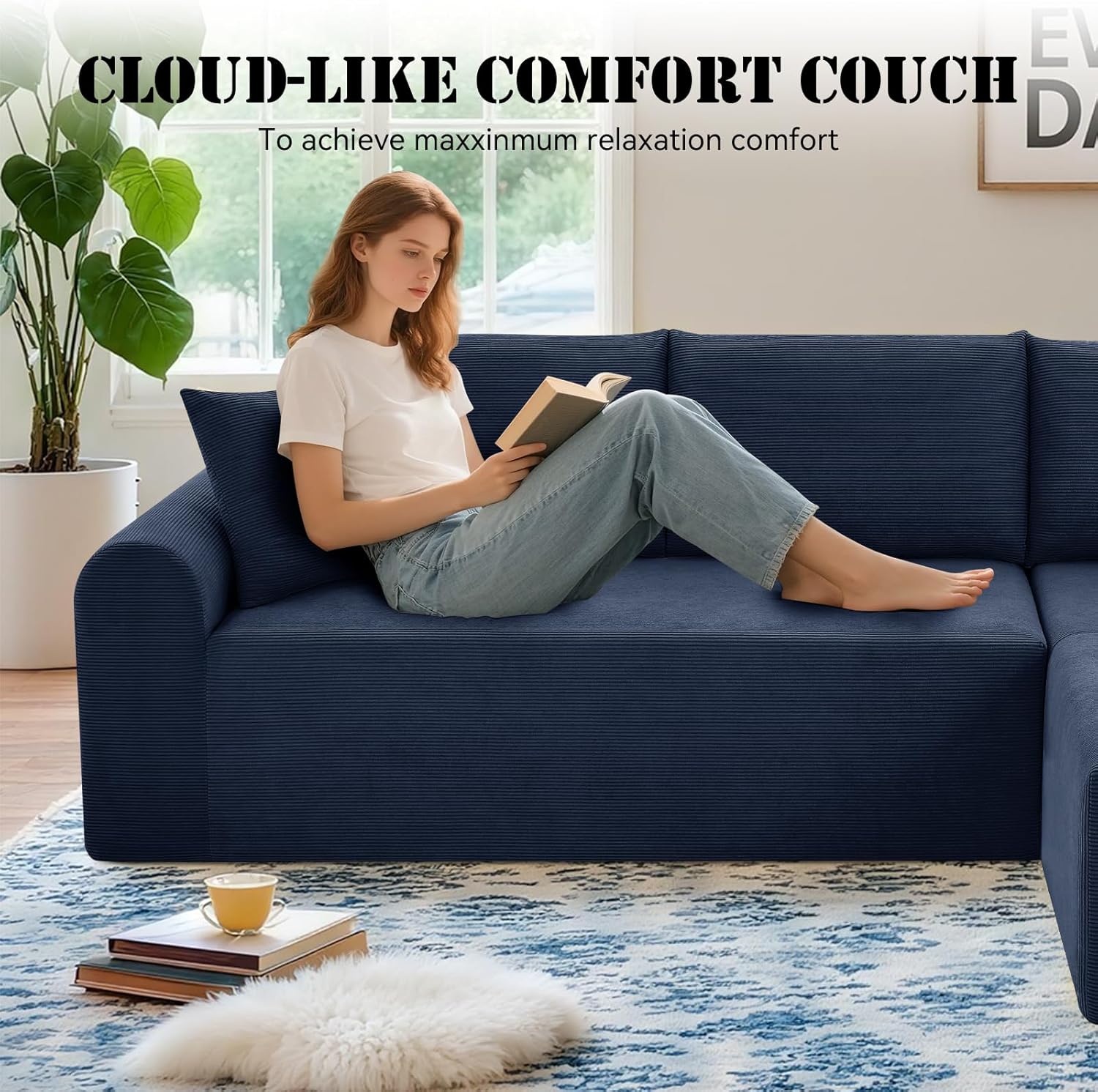 Modular Sectional Sofa with Chaise, Cloud Sectional Couch with Deep Seat, Modular L-Shape Sofa Corduroy Boneless Couch for Living Room,Bedroom,No Assembly Required(Navy Blue, Left Facing Chaise)