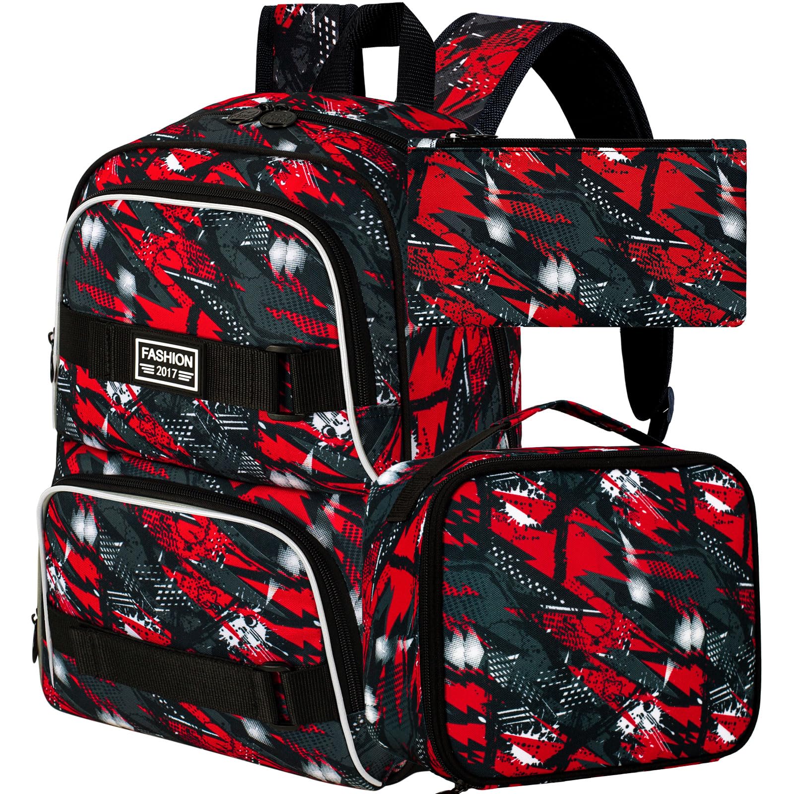 3Pcs Boys Backpack, 17 Inches School Bookbag Set for Teens College Students, Graffiti Laptop Backpacks with Lunch Box (Red)