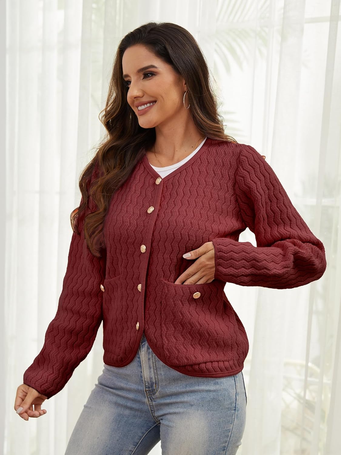 Womens 2025 Fall Cardigan Sweater Knitted Button Down Dressy Casual Jackets Trendy Outfits - Image 3
