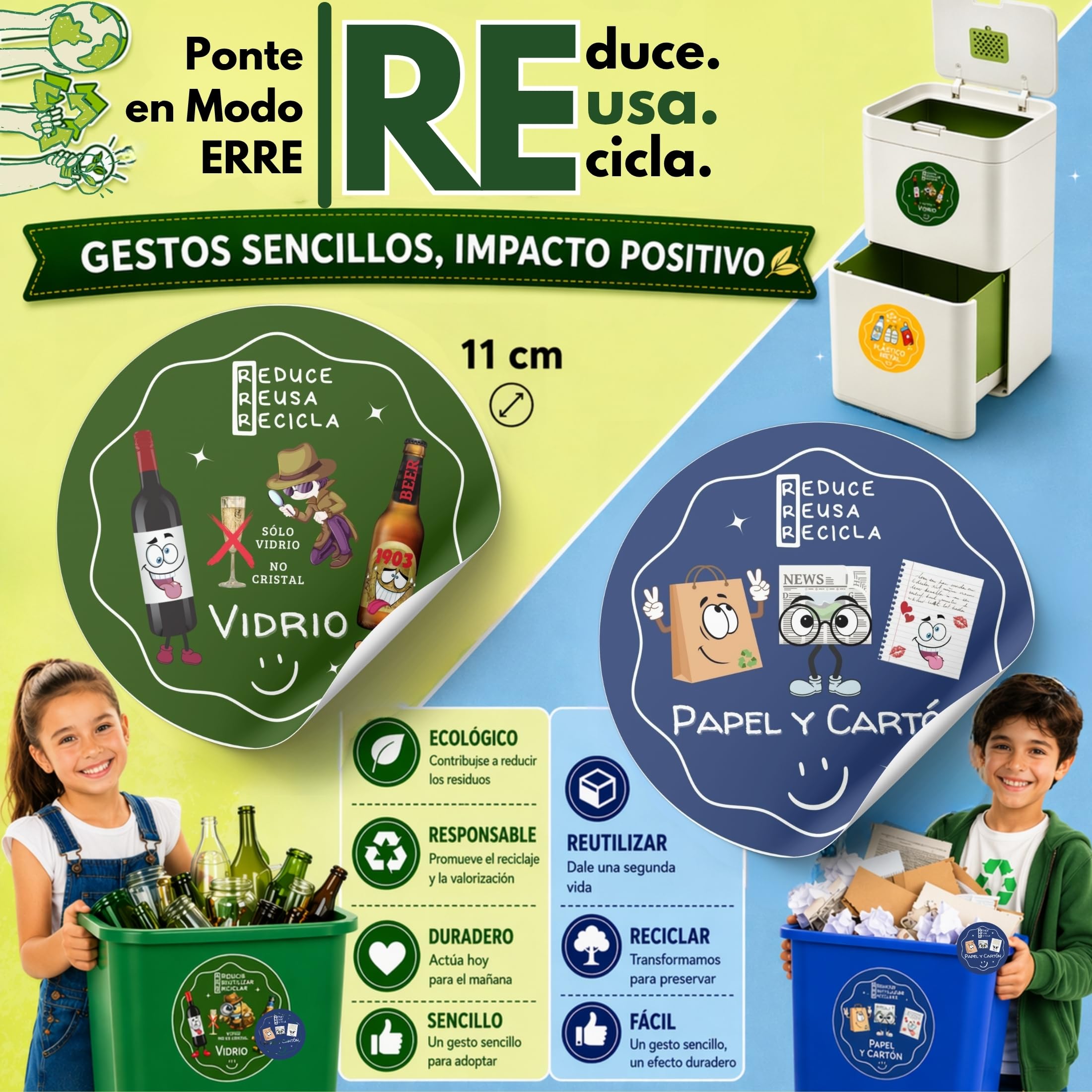 Pack 6 Pegatinas Reciclaje Basura ESPAÑOL Ø11 cm | Pegatinas Cubo Basura | Etiquetas Adhesivas reciclaje | Vinilo para reciclar en Cocina, Oficina, Colegios - Didacticas, Acabado brillo