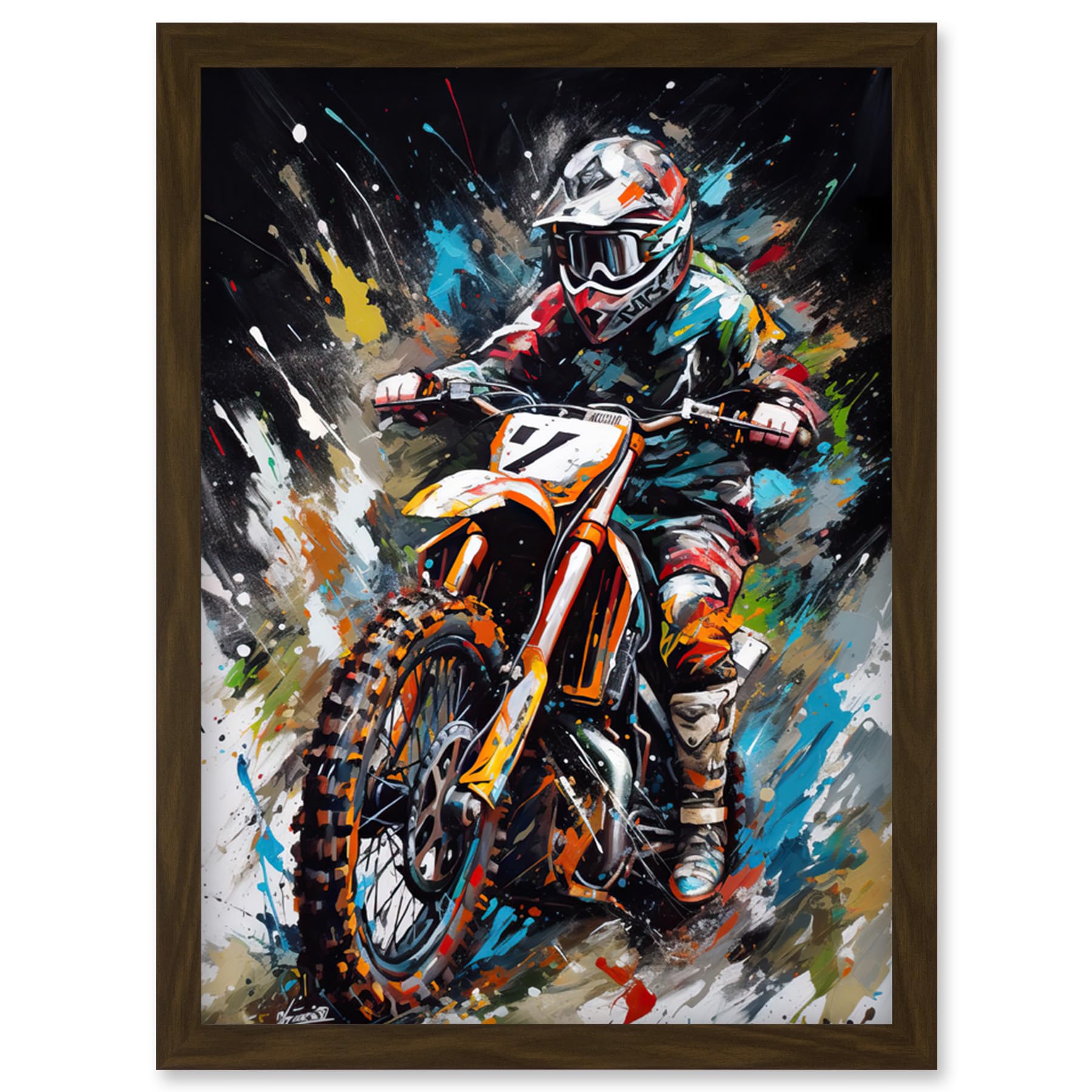 Artery8 Motocross Race Driver Number 7 Racing Action Shot Artwork Framed Wall Art Print A4