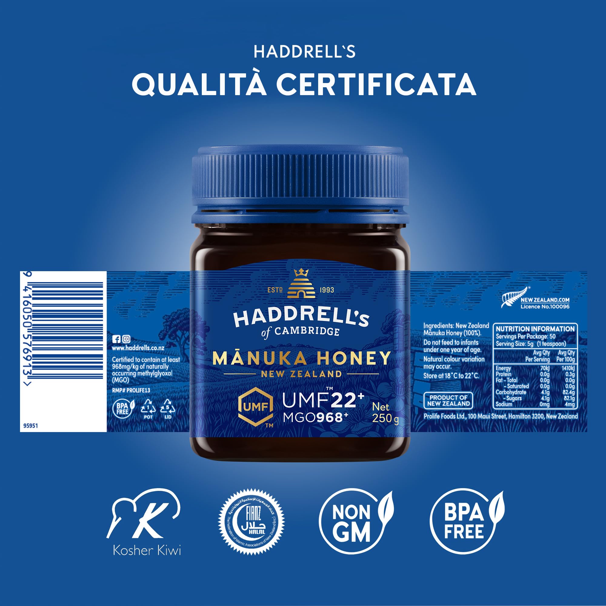 Haddrell's of Cambridge Miele di Manuka MGO 1000 circa (UMF 22+) 250g – Miele premium dalla Nuova Zelanda – Certificato, grezzo e sostenibile – Ricco di metilgliossale con alto contenuto di MGO