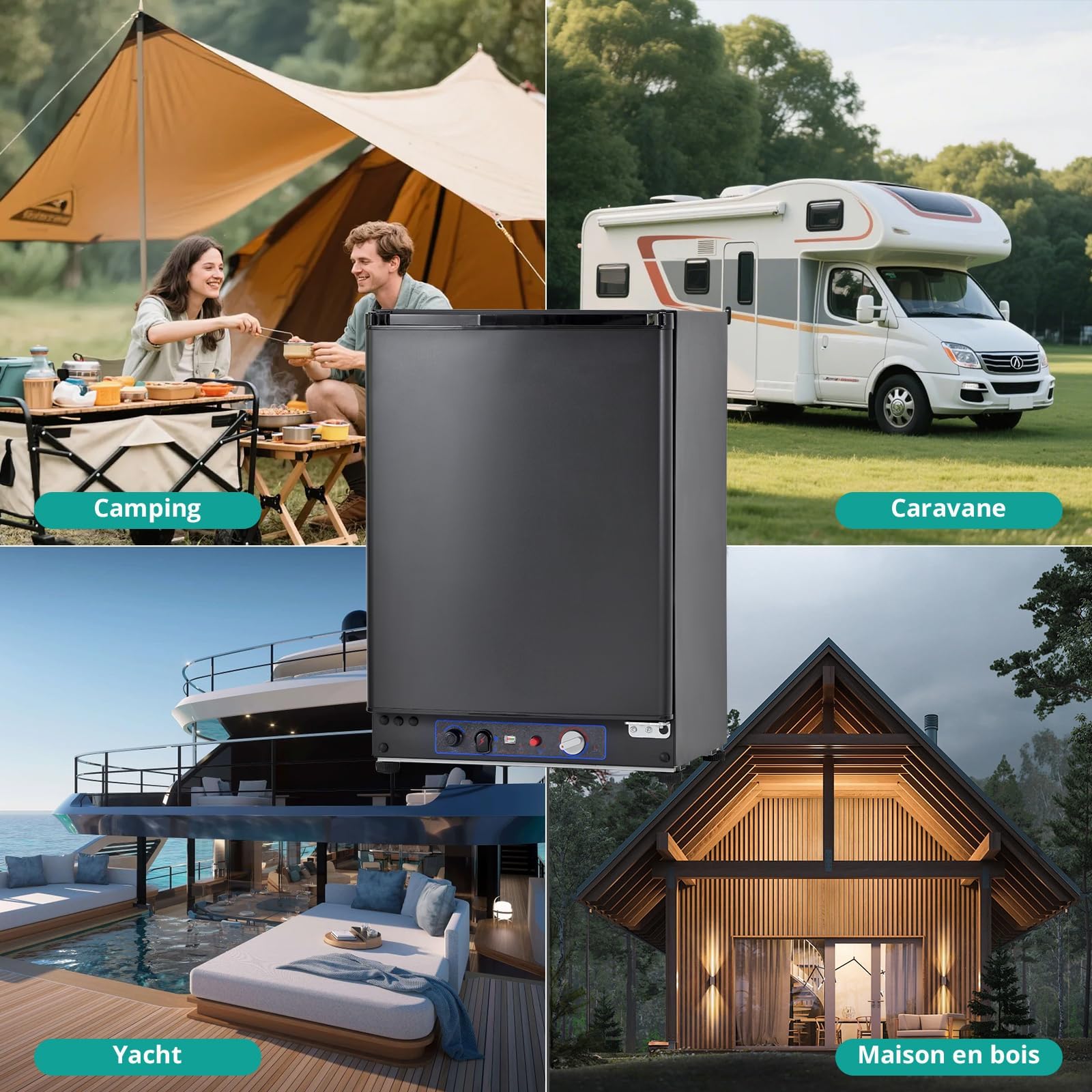 SMETA Nevera Pequeña 12V 220V Gas, Nevera Trivalente 60L para Furgoneta, Nevera de, Camper, Caravana, RV, Camión, Yate, Mini Frigorífico Silencioso, Negro