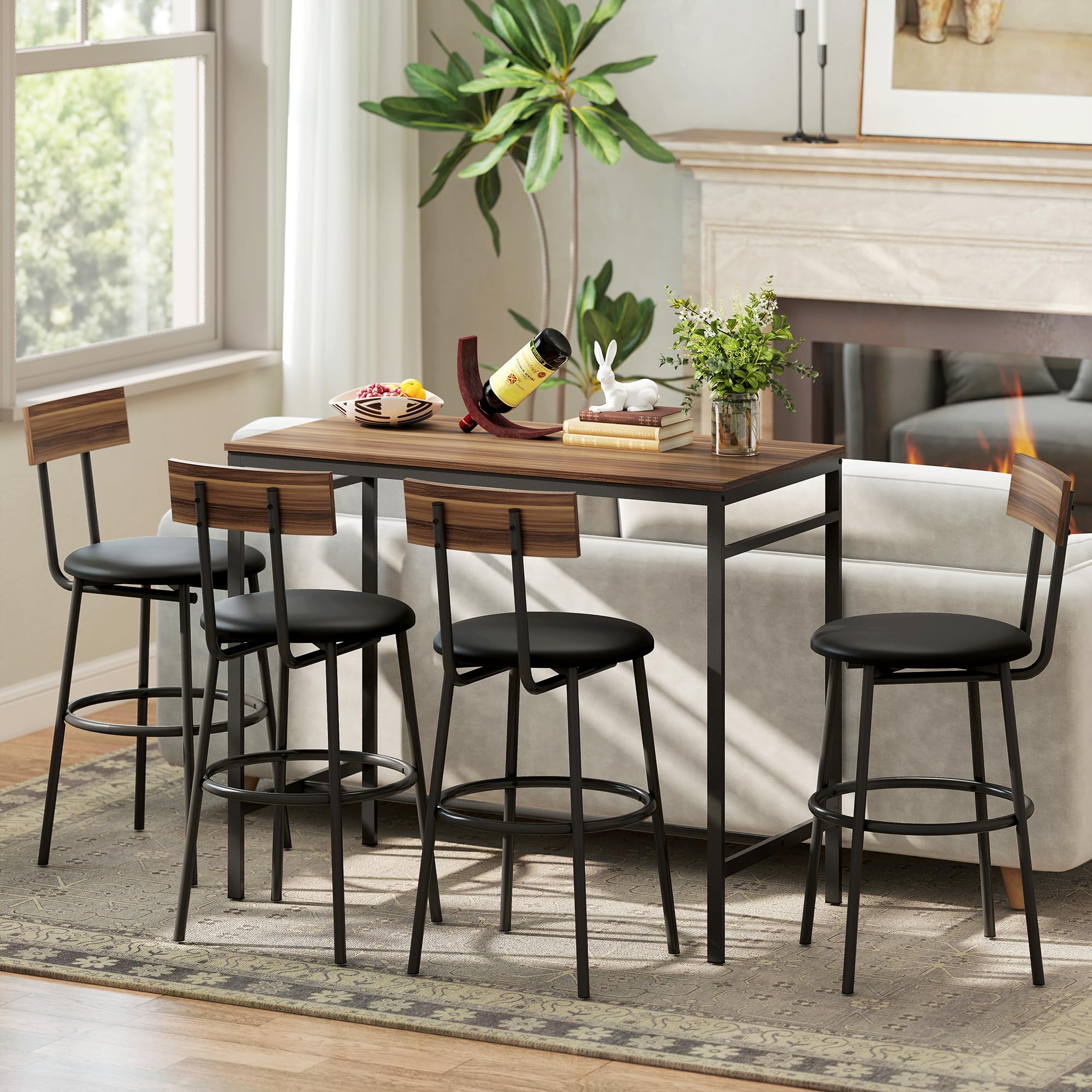 HOMCOM Bartisch mit Barhocker-Set Esstisch mit 4 Stühlen mit Fußstütze, Rückenlehne und Polsterung, Platzsparend Bartisch Set aus Stahl Industrial Küchentisch für Esszimmer, Küche, Braun