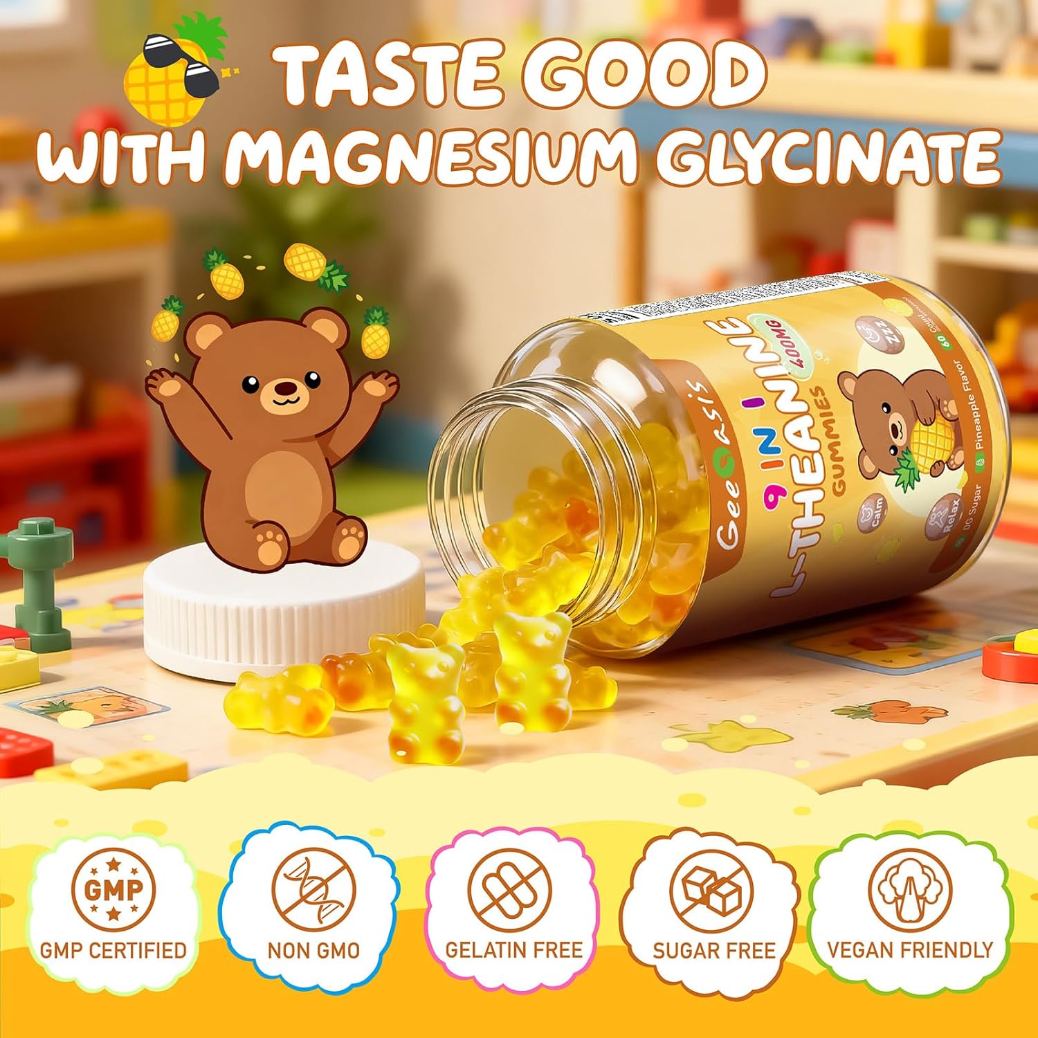 L-theanine 400mg Gummies, l theanine Supplement for Kids & Adults, 9 in 1 High Absorption Theanine Complex for Stress & Focus Support, Pineapple Flavor, 60 Count - Image 7