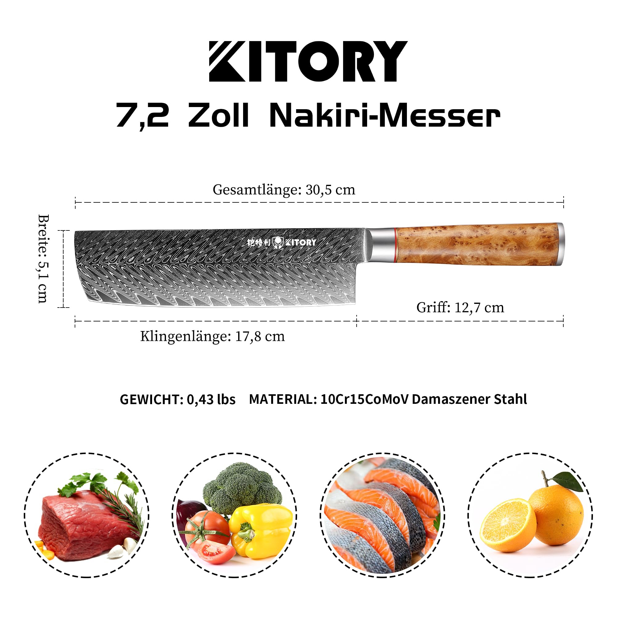 Nóż Japoński Nakiri Damasceński Kitory 18 cm Profesjonalny Nóż Kuchenny z 73-warstwowej Stali Damasceńskiej 10Cr15CoMoV z Rękojeścią z Drewna White Shadow (Biały Cień) - Seria Pro Damast