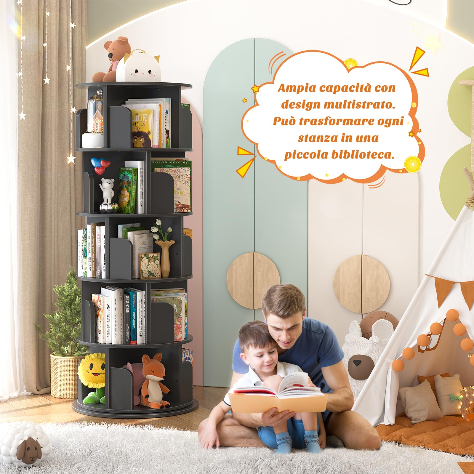 iSunirm Libreria Girevole,Scaffale Per Libreria Da Terra A 5 Livelli,Scaffale Portaoggetti per Bambini e Adulti,Stretto In Legno Per Camera Da Letto, Soggiorno,Nero