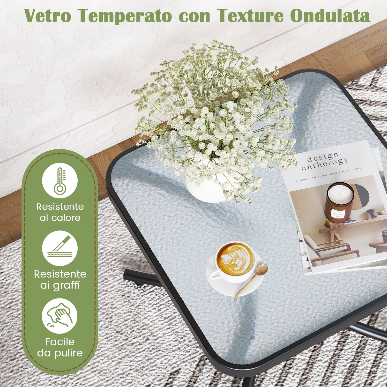 RELAX4LIFE Tavolo da Giardino, Tavolino da Balcone in Vetro Temperato senza Foro Ombrellone, Struttura in Metallo Resistente, Design con Effetto Onde, per Esterno e Interno (50×50×45cm, Quadrato)