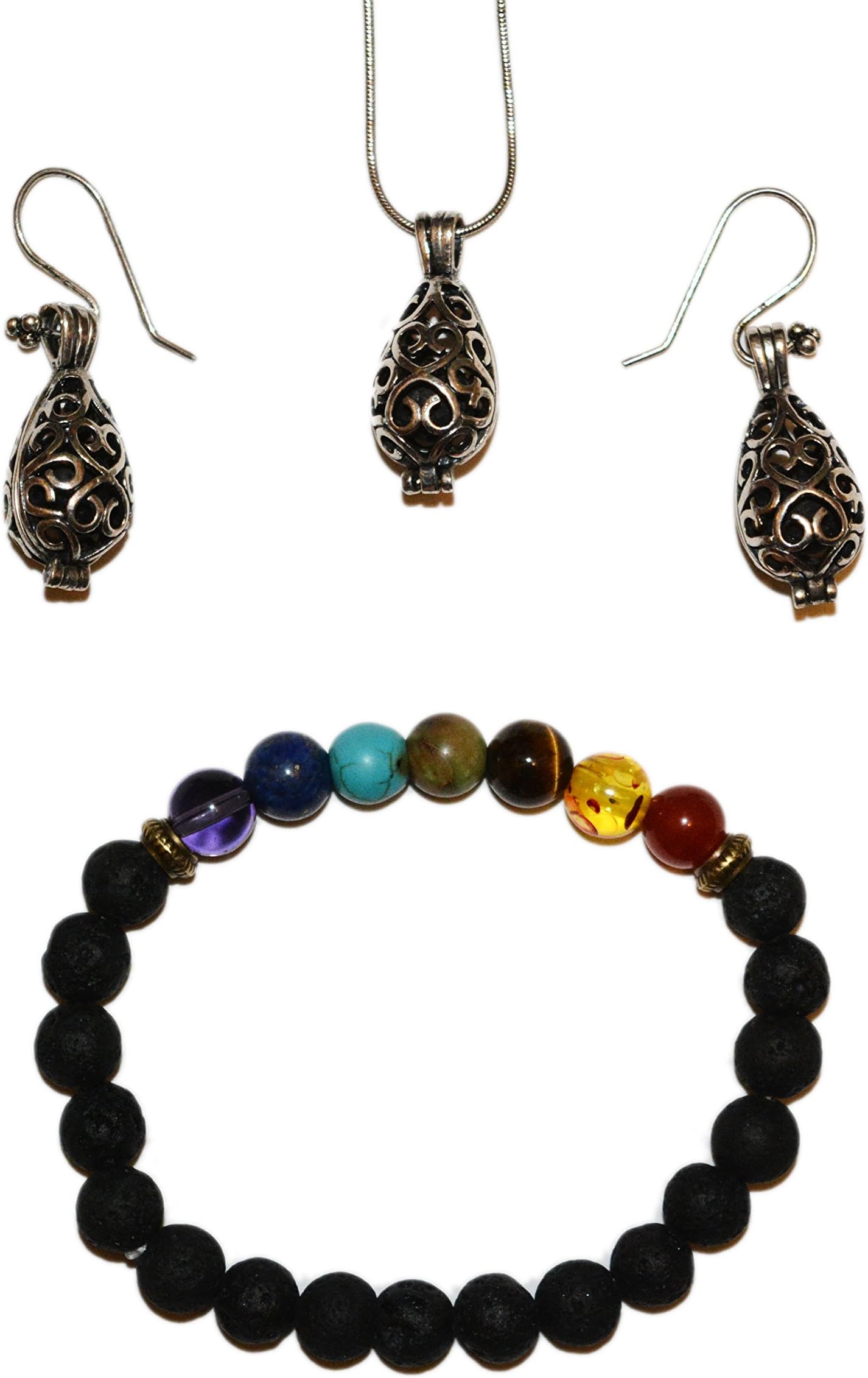 Lava Stone Essential Oil Diffuser Matching Necklace & Earrings Set, and 7 Chakra Lava Stone Essential Oil Diffuser Bracelet All Packaged in Velvet Gift Bag (Tear Drop)