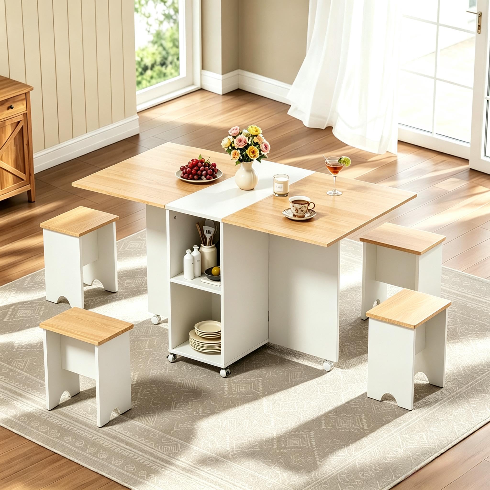 Warmiehomy Modern Folding Dining Table and 4 Stools Set, Drop Leaf Kitchen Island Table with Storage Shelves & Wheels, Mobile Dining Set for Small Spaces, Dining Room Kitchen Living Room, Oak & White