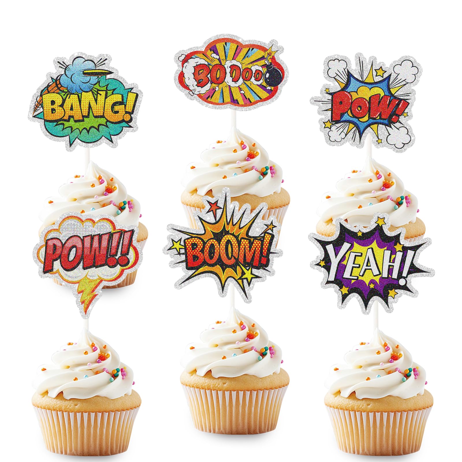 Hero Theme Cupcake Toppers 18pcs Large Word Cake Decorations Hero Action Sign for Birthday Baby Shower Party Decorations