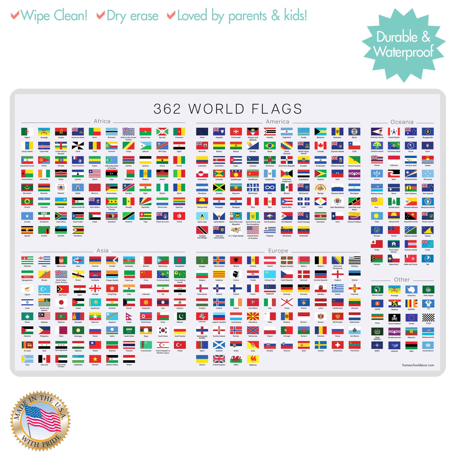 362 World Flags Placemat for Kids, World Map Learning, Continents, Waterproof Educational Placemat - 2 Sides - Image 2