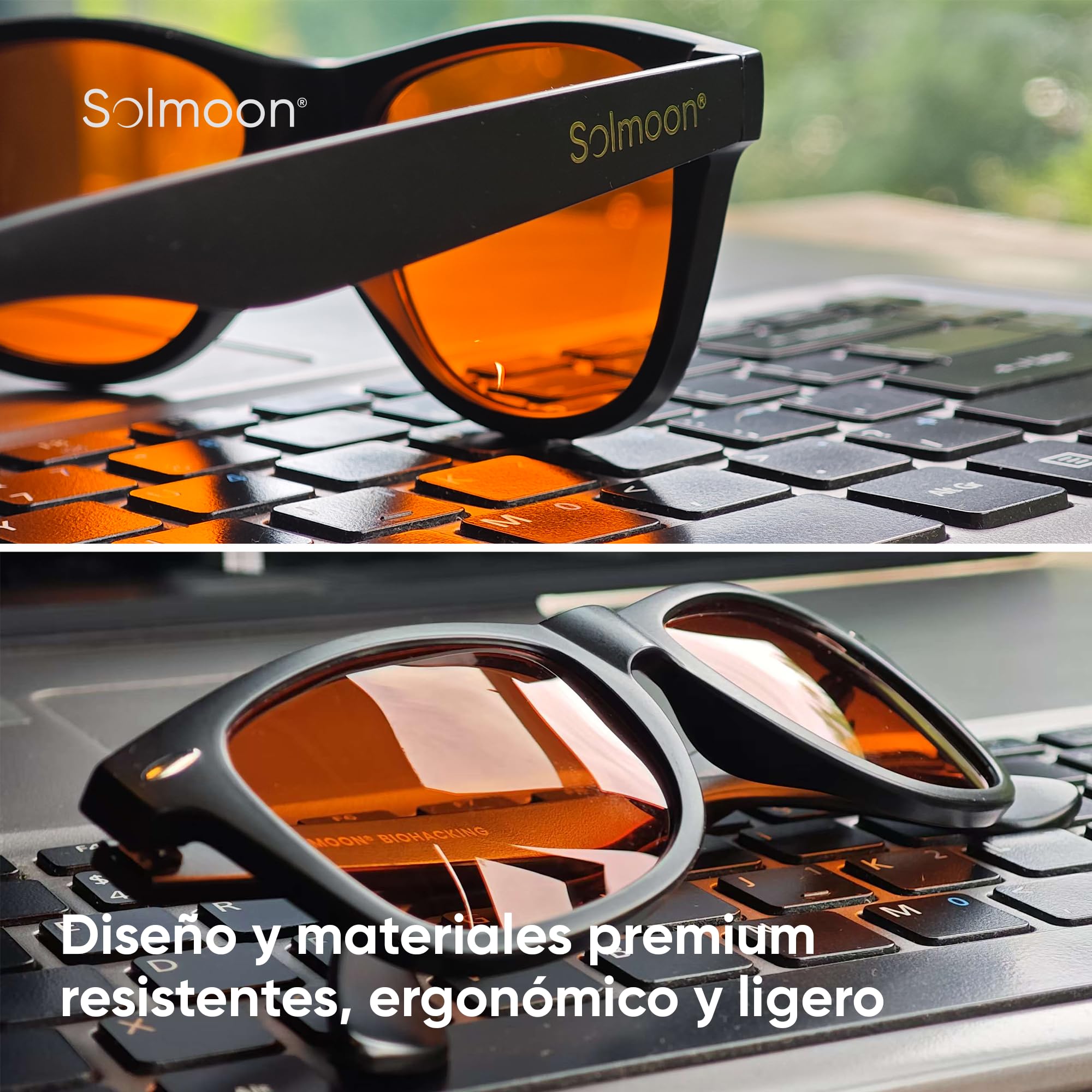 Solmoon Gafas Luz Azul Naranja Tarde y Noche – Lentes Tritan BPA Free – 0 Luz Azul para Pantallas, Gaming, Atardecer y Paseo Nocturno – Circalens™ – Estuche Bio Mushroom Leather