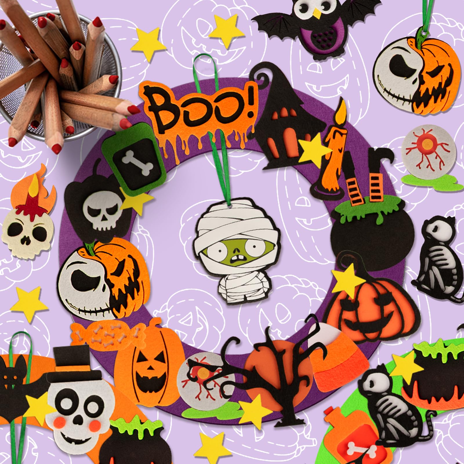 Benjia 4 Pack Halloween Wreath Craft Kits for Kids DIY Felt Wreath Halloween Ornaments with Bandage Zombie, Owl - Image 4