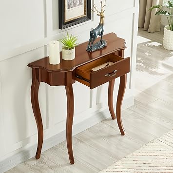 Solid Wood Console Table with Drawer, Semi-Circle Entryway Table, Half-Moon Porch Table Side Elegant Vintage Table for Living Room, Hallway Cherry