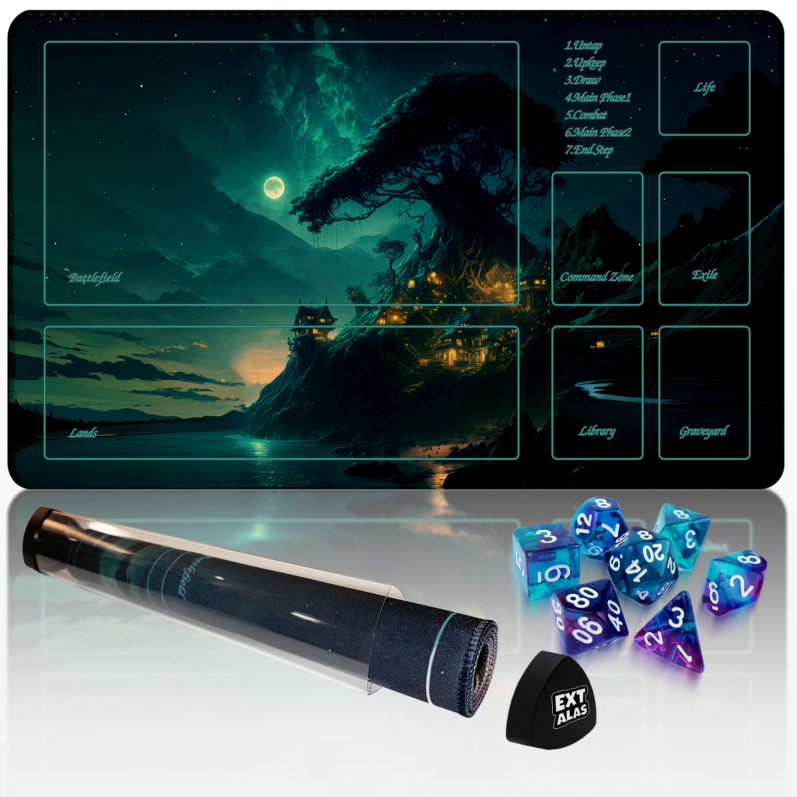 MTG Playmat with Storage Tube & 7-Dice Set - Waterproof TCG Playmat with Stitched Edges, Non-Slip Rubber Card Game Mat (24"x14") (playmat with Zones, Greenery)