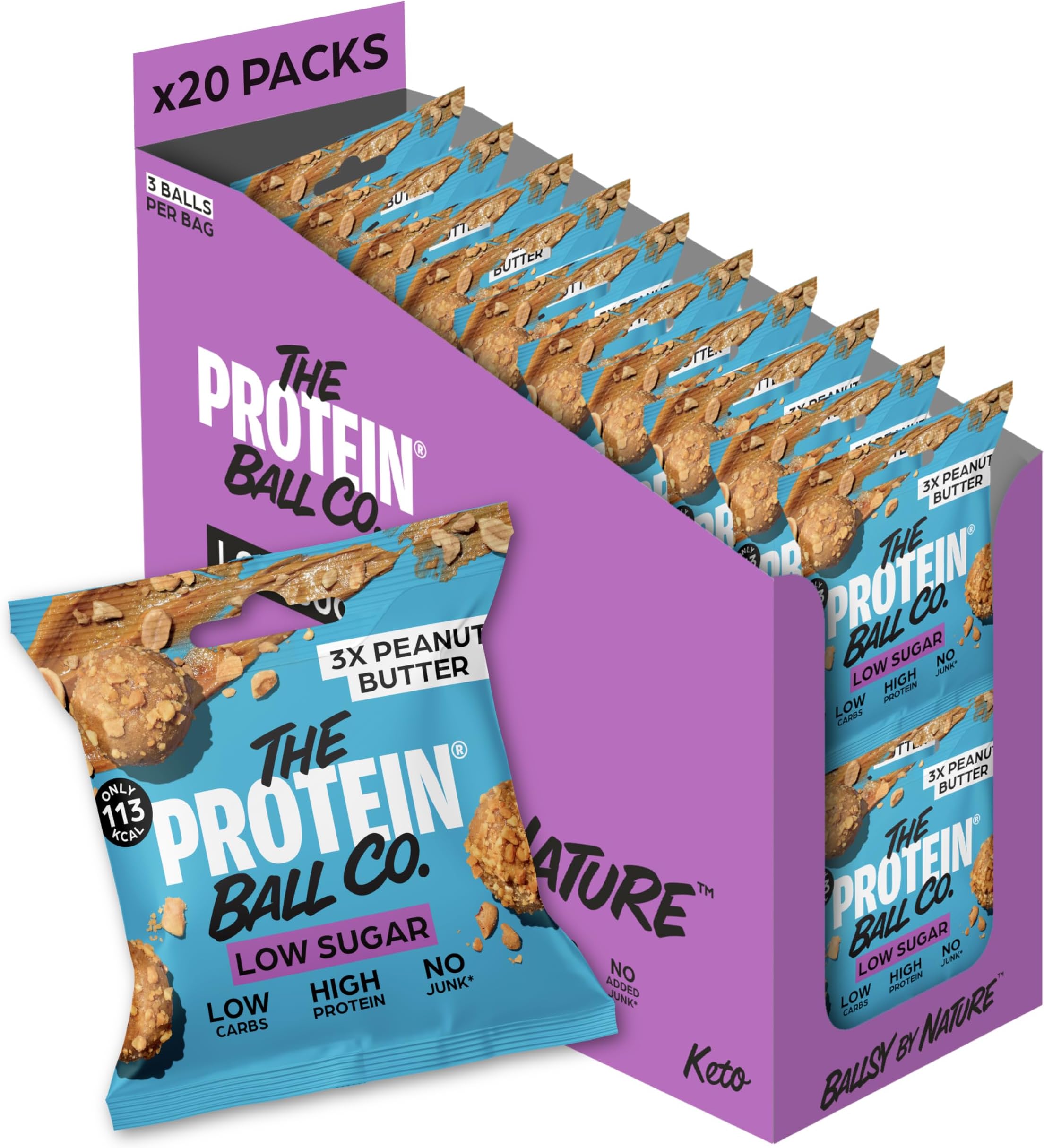 The Protein Ball Co Peanut Butter Low Sugar Protein Balls - Keto Friendly Snacks, Gluten-Free, Low Carb, Low Calorie Snacks - Healthy Energy Balls, Box of 20 Bags