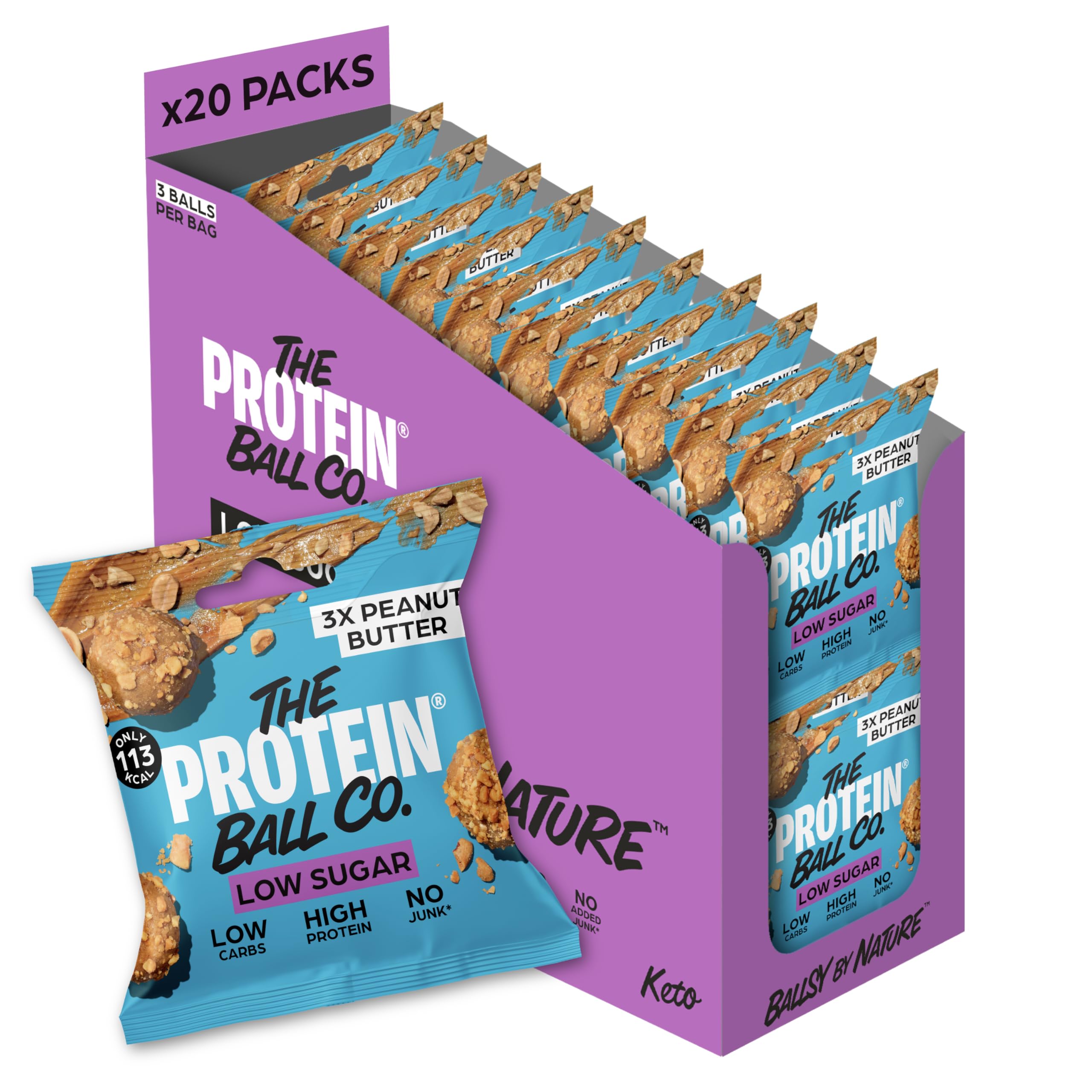 The Protein Ball Co Peanut Butter Low Sugar Protein Balls - Keto Friendly Snacks, Gluten-Free, Low Carb, Low Calorie Snacks - Healthy Energy Balls, Box of 20 Bags