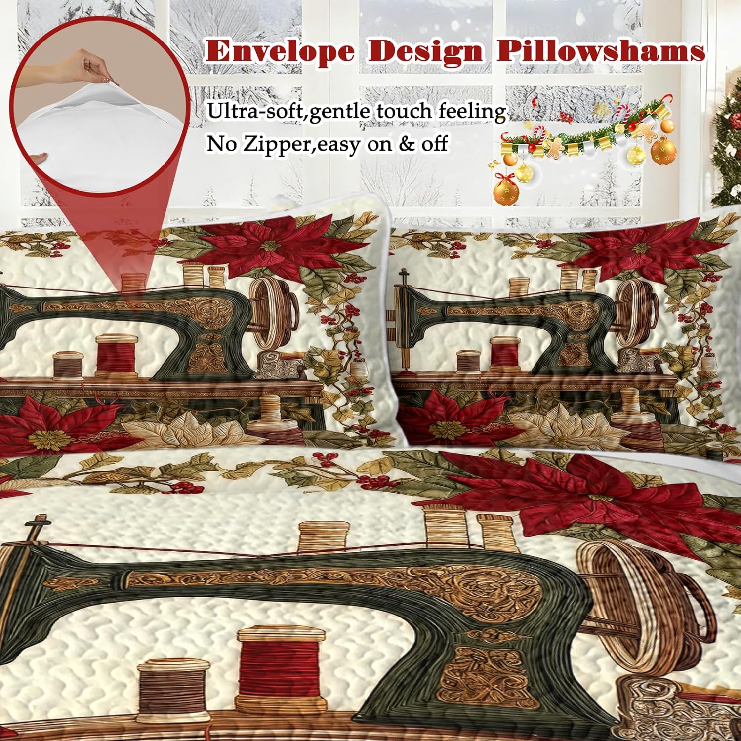 BlessLiving Full/Queen Size Quilt Bedding Set - Soft Lightweight Comforter Bedspreads & Coverlets, Christmas Eve Sewing Print Bedding Cover Bed Decor All Season - 3 Pieces (1 Quilt, 2 Pillowcases)
